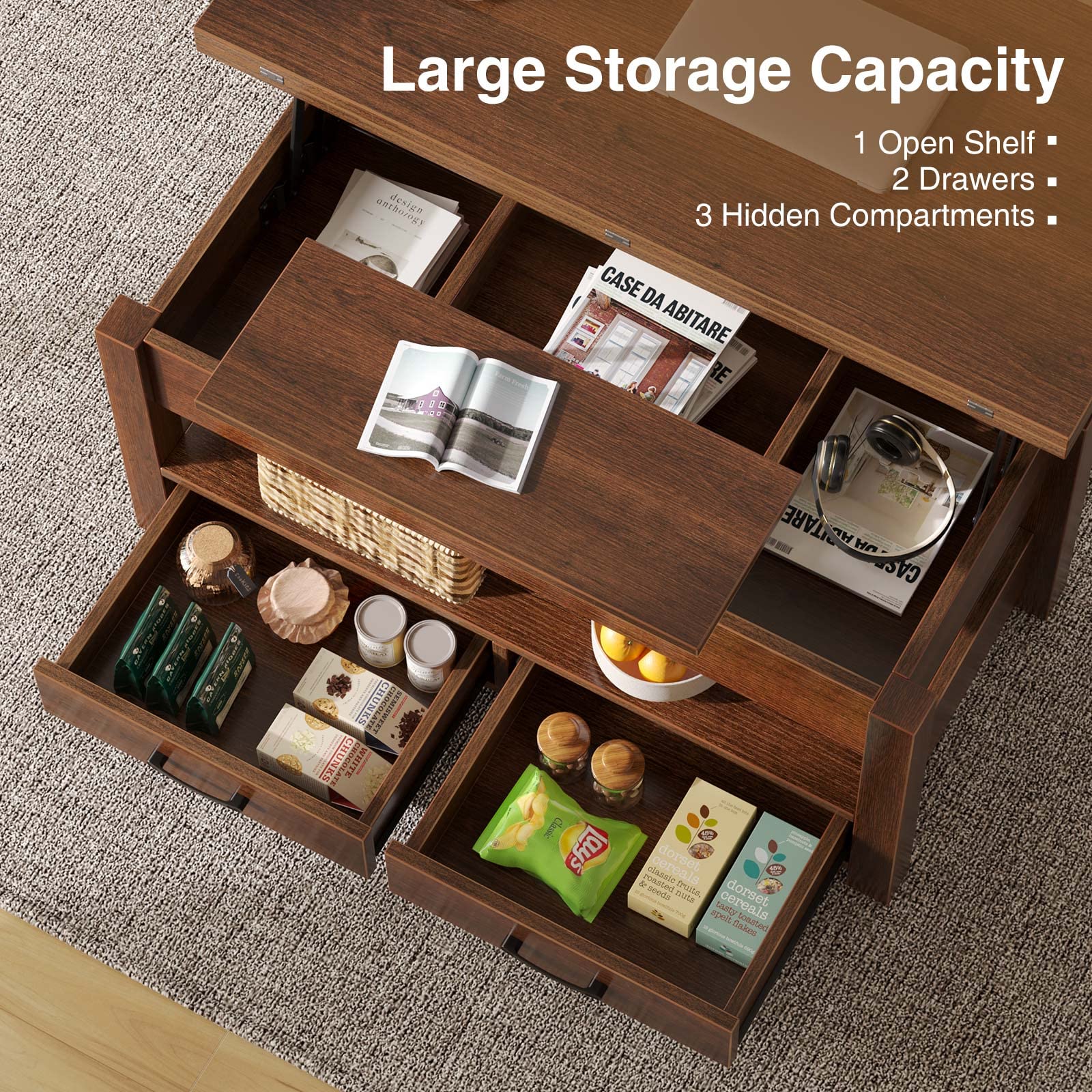 Rolanstar Lift Top Coffee Table with Drawers - Convertible Espresso Coffee to Dining Table, Multi-Function Living Room Furniture with Hidden Storage Compartment | Perfect for Small Spaces, Home Office & Entertaining Guests