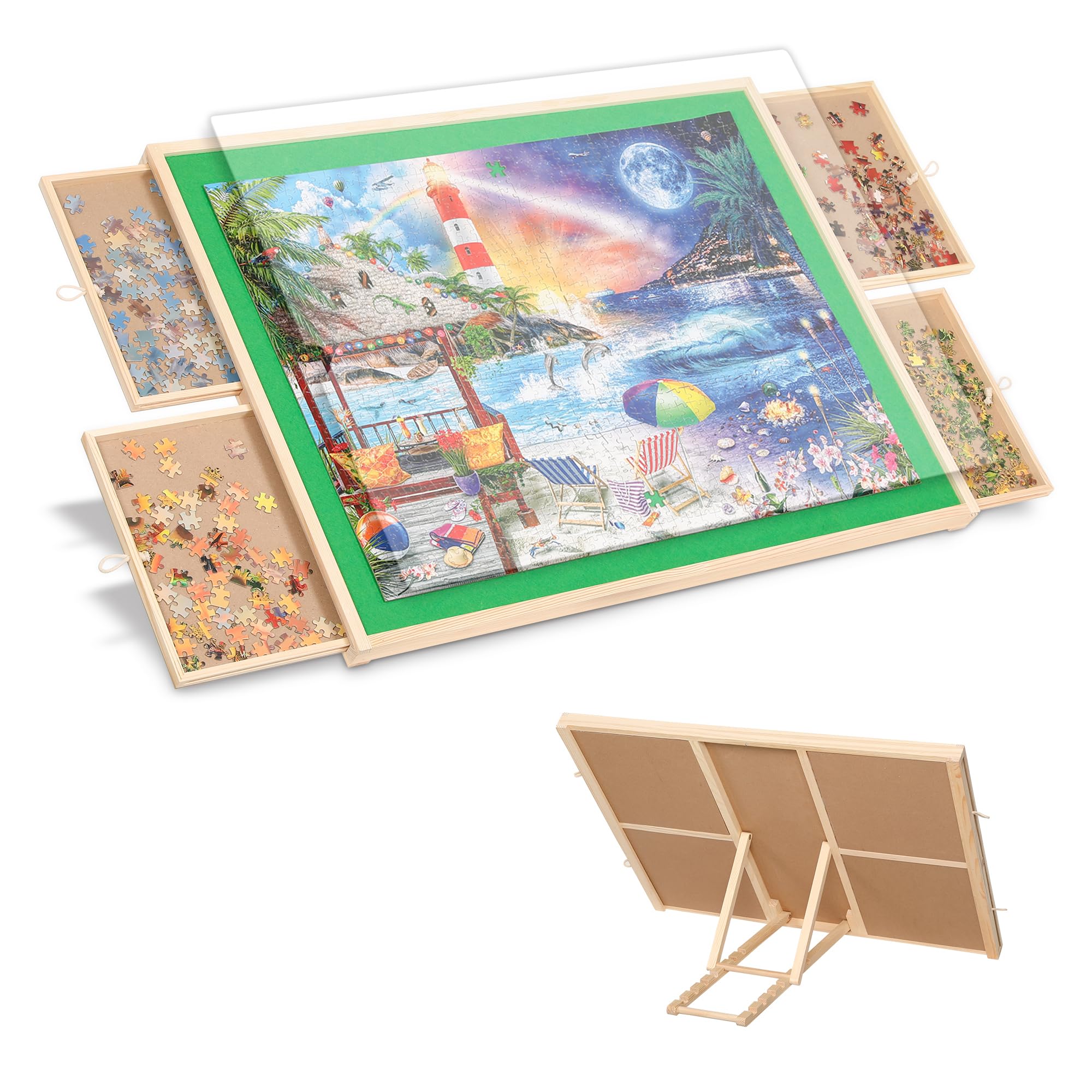 1500 Piece Jigsaw Puzzle Board with 7 Adjustable Angles & Cover - 34x26 Inch Portable Tilting Puzzle Table for Adults - Adjustable Puzzle Easel with 4 Drawers & Felt Surface - Perfect for Family Game Nights, Home Decor, and Stress Relief Activities