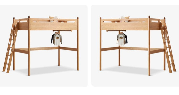 Solid Oak Wood Loft Bed with Storage Cabinet - Space-Saving Furniture for Small Rooms, Kids Bedroom & Dormitory