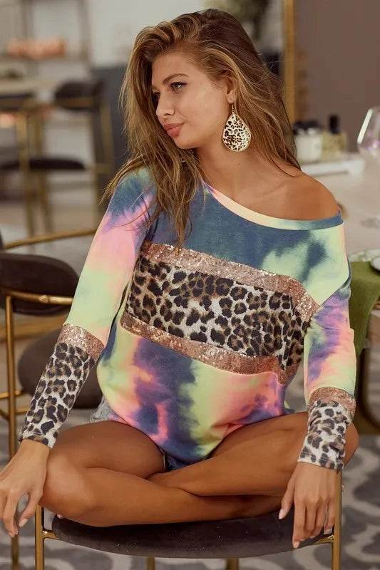 BiBi Tie Dye Terry Top with Sequins & Leopard Print - Trendy Women's Casual Shirt for Summer, Beach, and Festival Outfits
