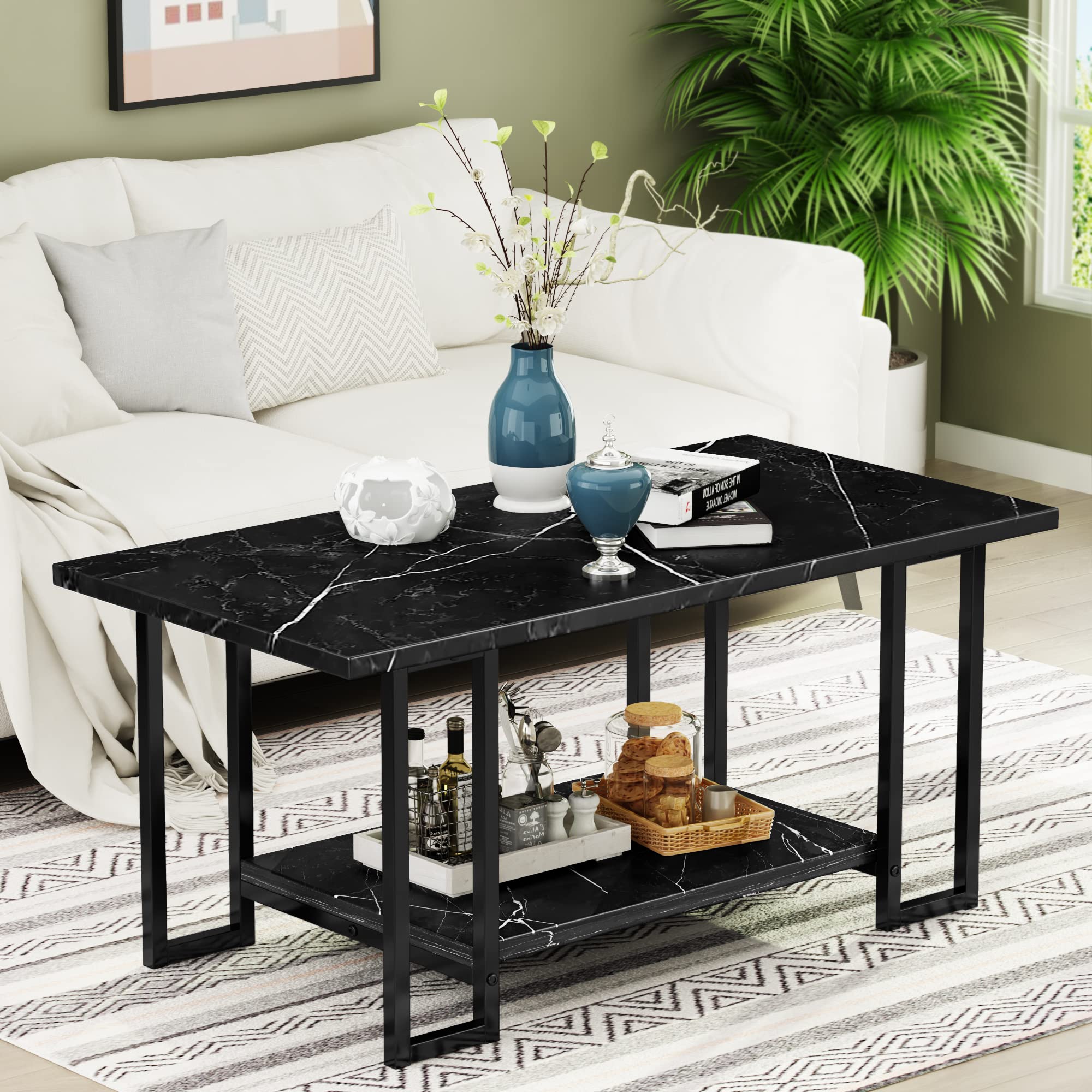 AWQM GJ09 40-Inch Modern Black Marble Coffee Table for Living Room - Stylish Center Table for Home Decor, Lounge & Office Use