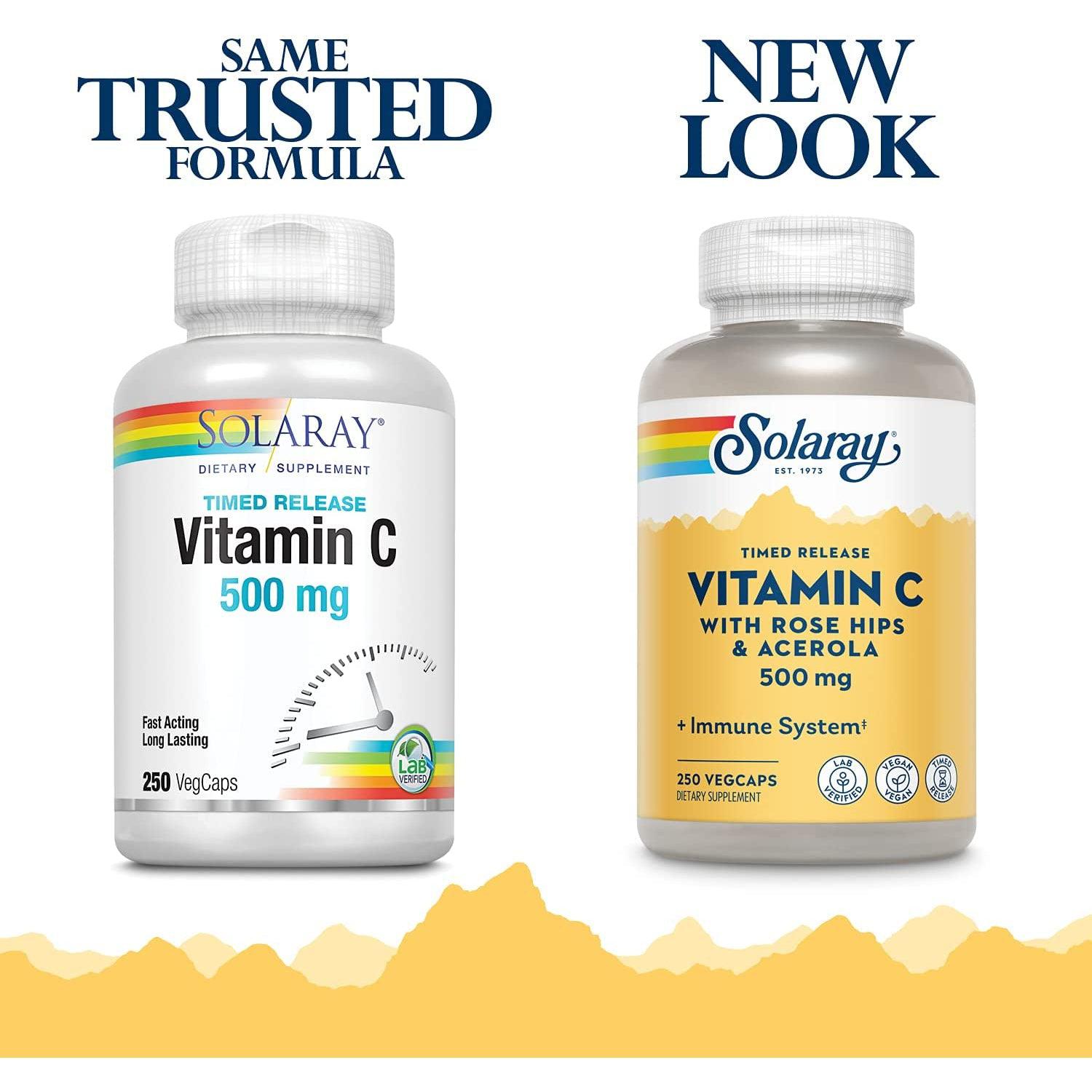 Solaray Vitamin C 500mg with Rose Hips & Acerola - Timed Release Supplement for Immune Support & Antioxidant Protection | Daily Wellness & Immune Boost