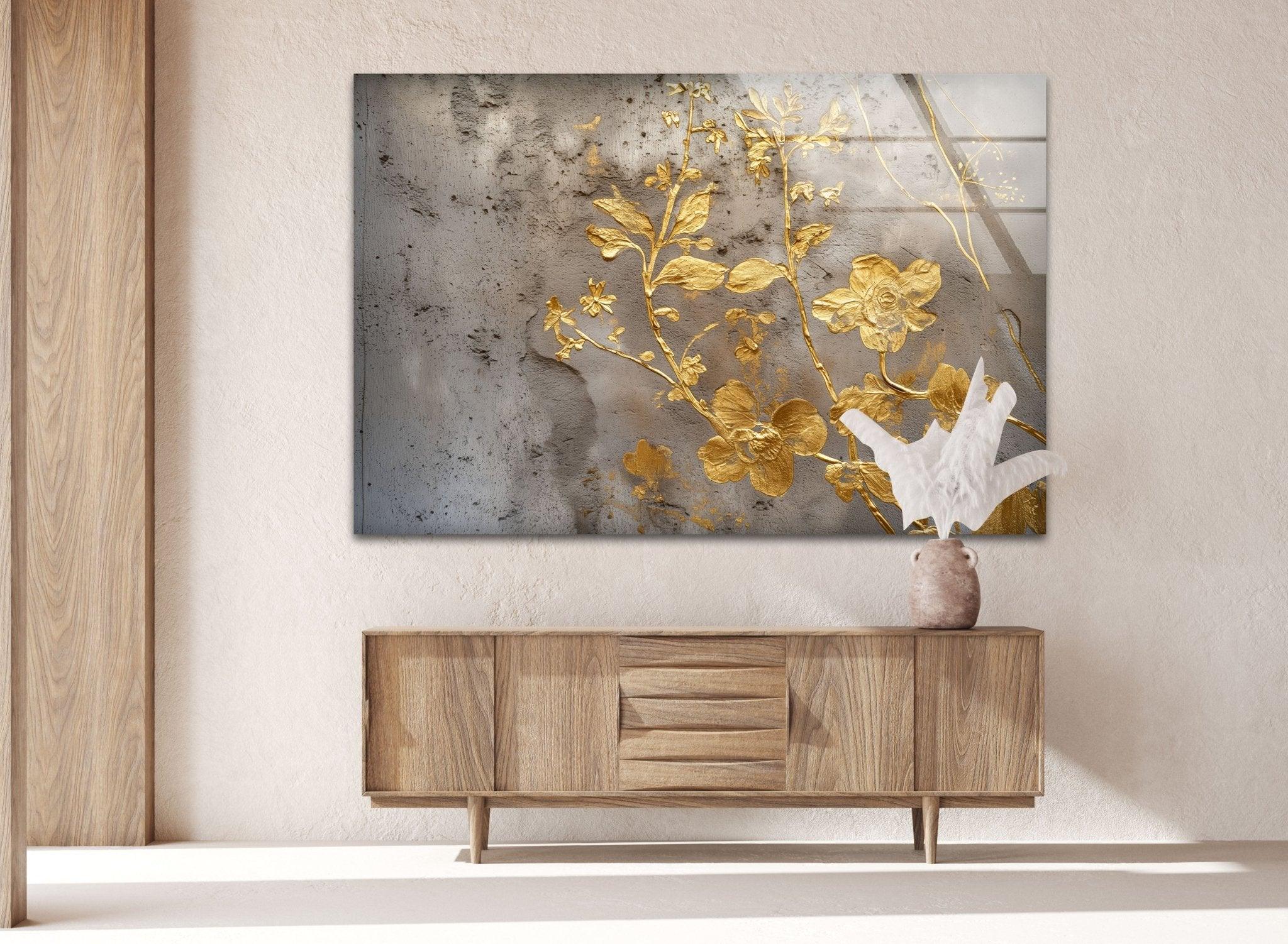 Abstract Gold Flowers Glass Wall Art - Modern Home Decor for Living Room, Bedroom, Office - Elegant Handmade Glass Painting for Wall Display