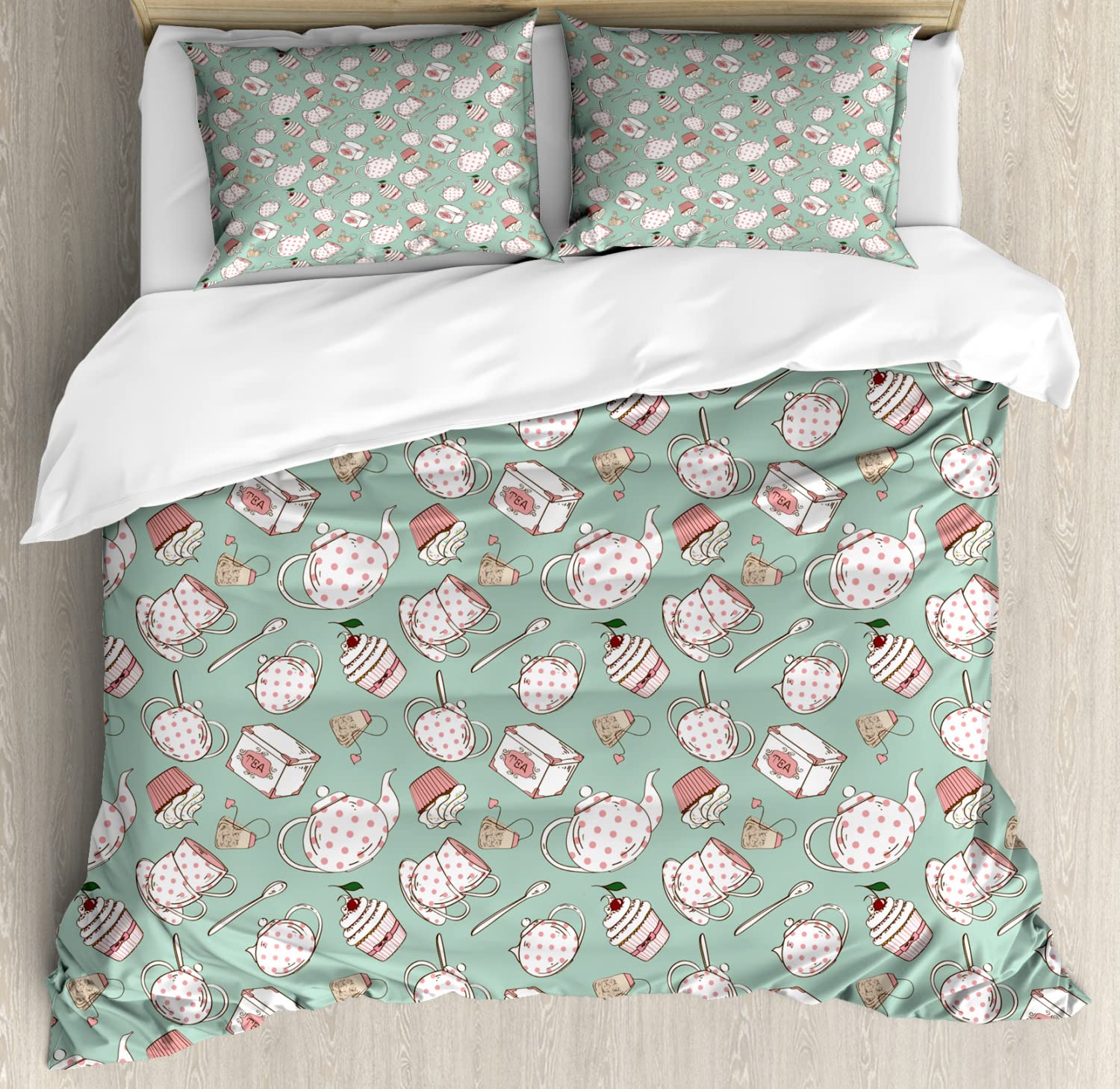 Ambesonne Tea Party Duvet Cover Set - Queen Size 2-Pack with 2 Duvet Covers & 4 Pillowcases - Polka Dot Teapot & Cupcake with Cherry Design in Almond Green Coral - Perfect for Themed Bedrooms, Guest Rooms & Tea Lover's Decor