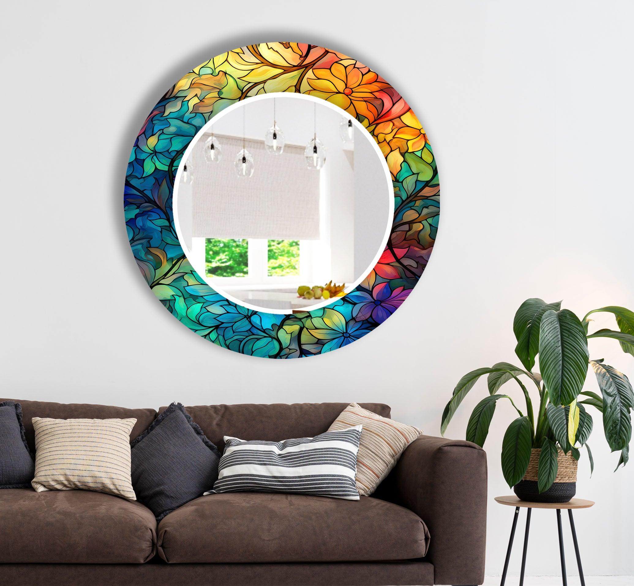 Blue & Orange Stained Glass Wall Mirror with Leaf Design - Elegant Home Decor for Living Room, Bedroom, or Entryway
