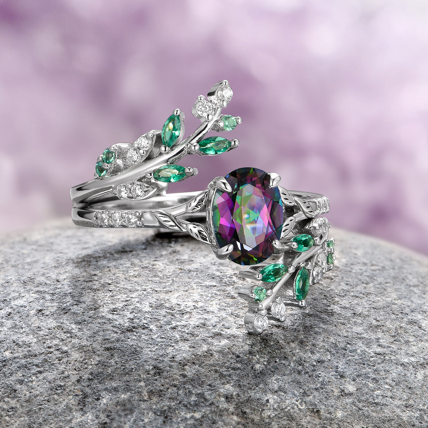 Mystic Topaz & Emerald Fairy Leaf Ring Set - Sterling Silver Jewelry for Women, Nature-Inspired Leaf Design Rings, Perfect for Weddings, Parties & Everyday Wear