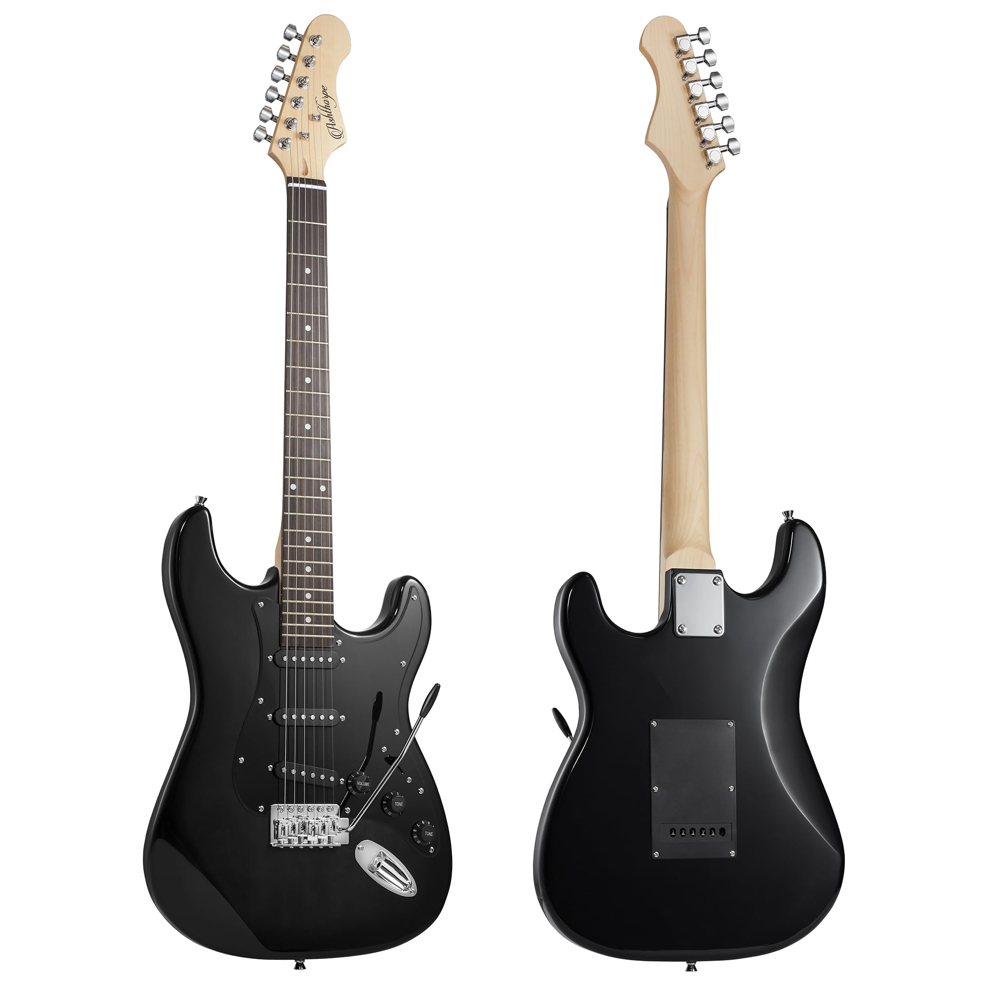 Ashthorpe 39-Inch Full-Size Electric Guitar Kit (Black) - Includes Padded Gig Bag, Tremolo Bar, Strap, Strings, Cable, Cloth & Picks - Perfect for Beginners, Practice & Live Performances