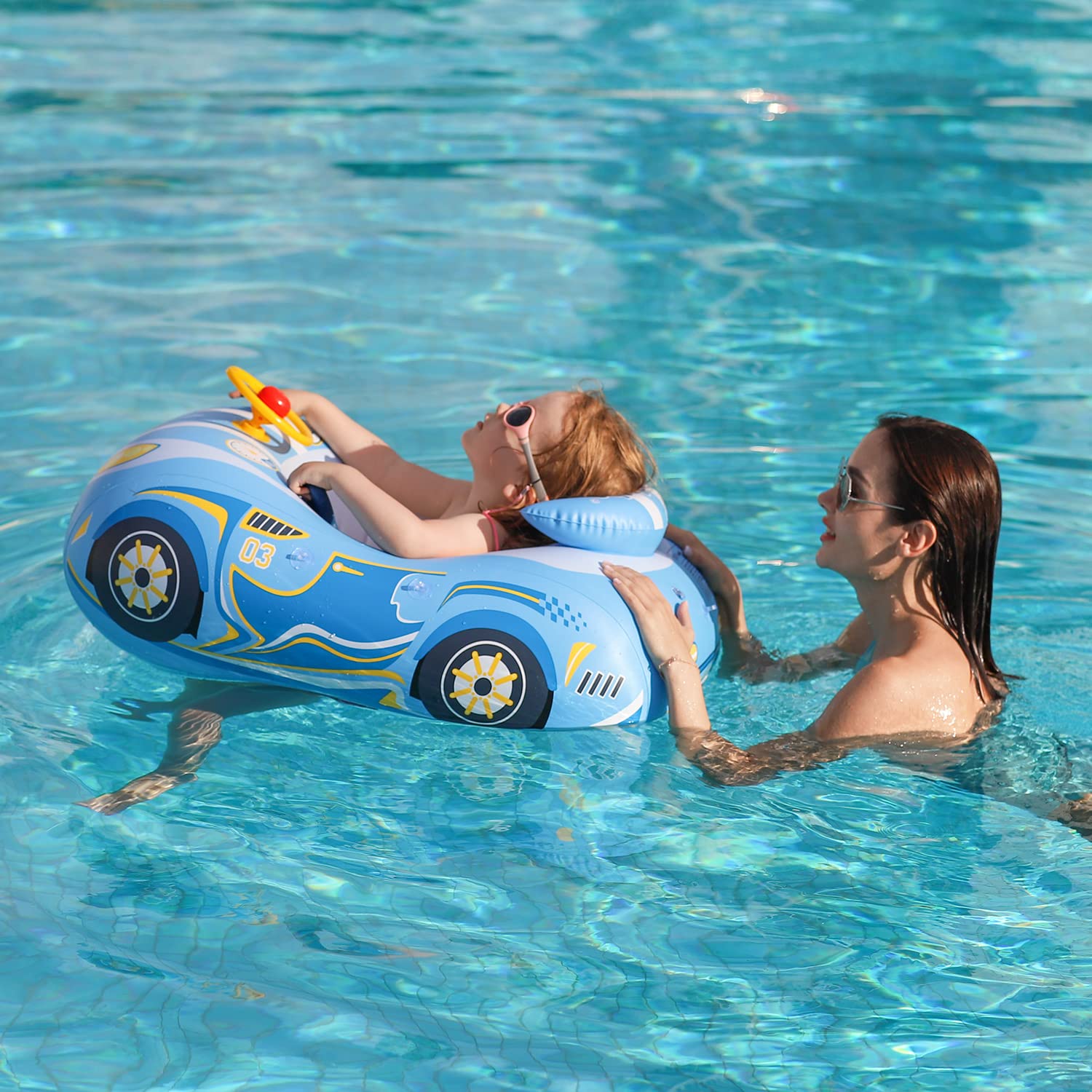 3D Car Design Baby Pool Float - Heavy Duty PVC Toddler Swim Float with Steering Wheel for Kids 12-24 Months & 2-4 Years - Perfect for Summer Pool Parties, Beach Vacations & Backyard Swimming Fun (Girls & Boys)
