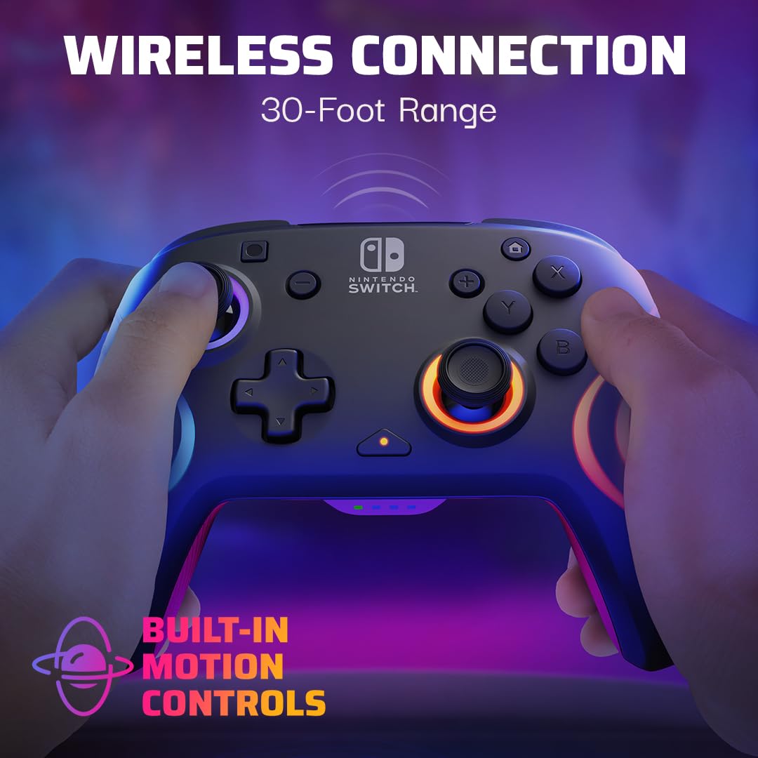 **PDP Afterglow Wave Wireless Pro Controller for Nintendo Switch & OLED - Motion Controls, Custom LED Lighting, 30ft Range, 20-Hour Rechargeable Battery (Black) - Perfect for Gaming, Streaming & Multiplayer Battles**
