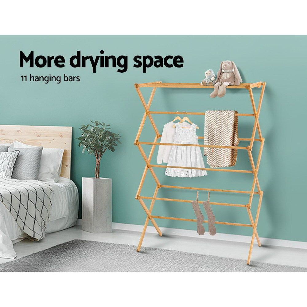 Artiss Foldable Bamboo Clothes Rack - Portable Laundry Drying Stand with Garment Hanger for Bedroom, Closet & Outdoor Use