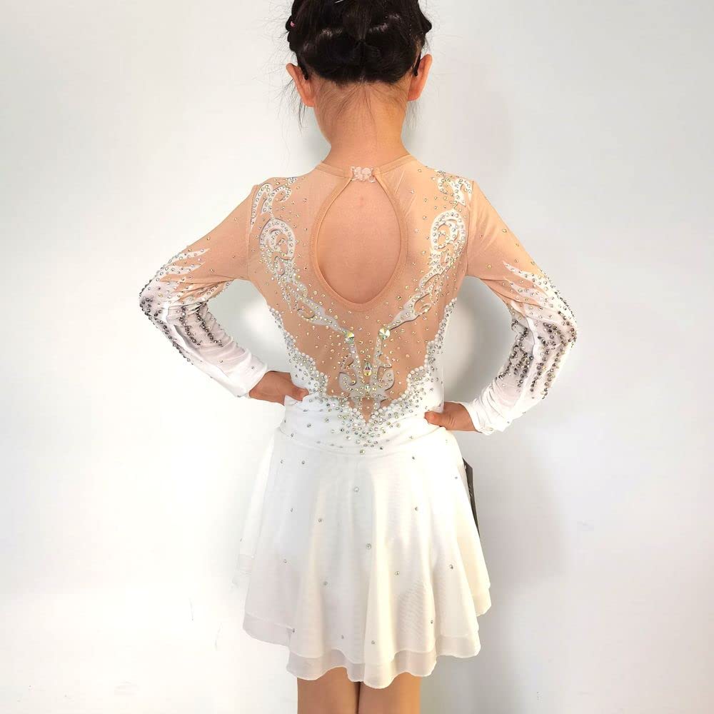 LIUHUO White Printed Figure Skating Dress with Full Drill Mesh for Girls - Performance, Competition & Training Outfit - Perfect for Ice Shows, Recitals & Dance Practice