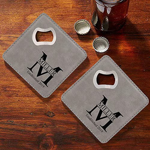 Custom Laser Engraved Bottle Opener Coaster Set - Personalized Gray Bar Coasters for Beer & Wine - Perfect for Home Bars, Man Caves & Wedding Gifts