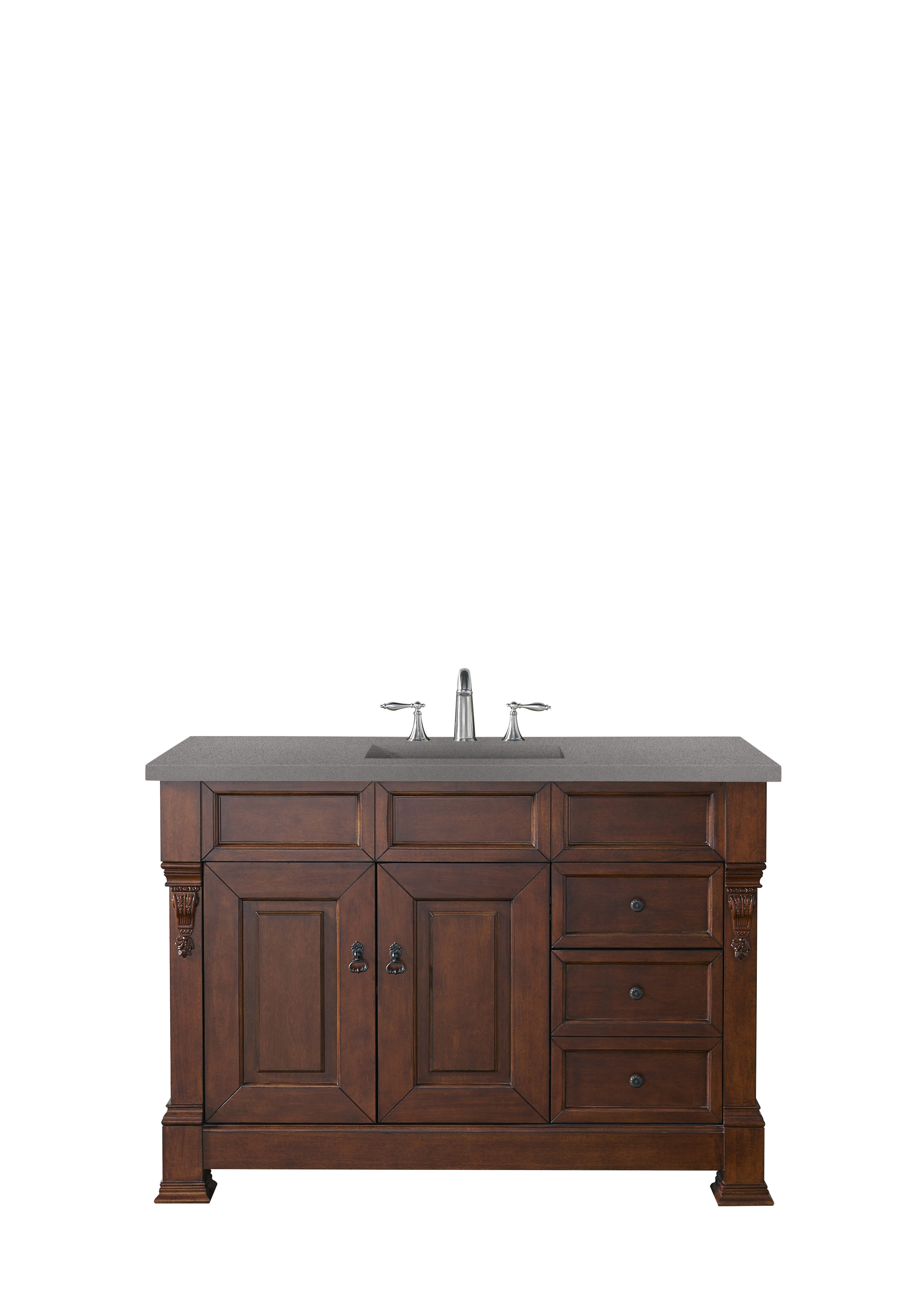 Brookfield 48-Inch Single Bathroom Vanity with Warm Cherry Finish & 3CM Gray Expo Quartz Countertop – Perfect for Modern Home Bathroom Remodeling