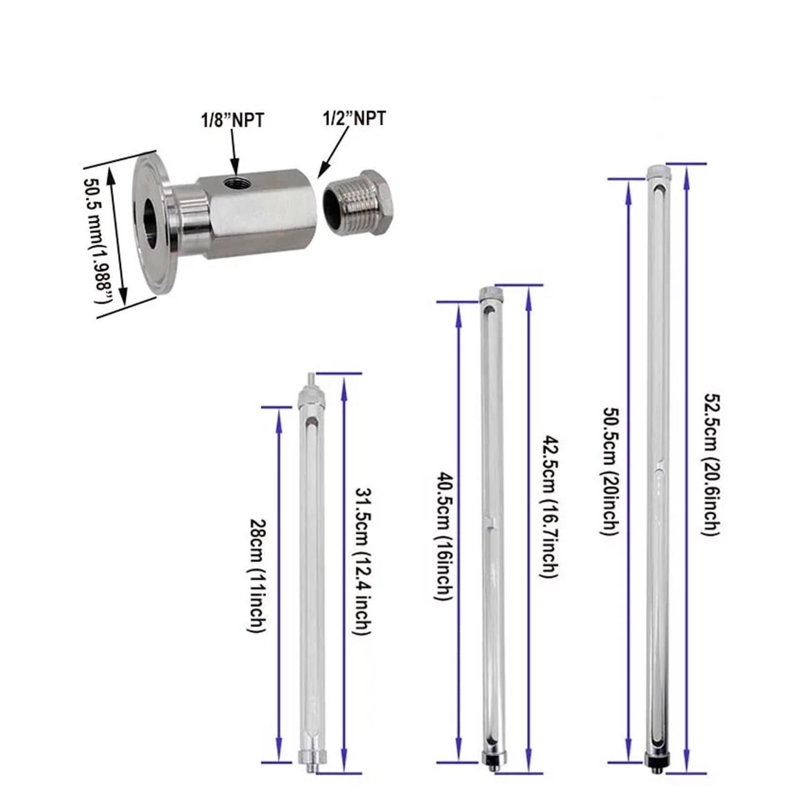 1.5 Inch Tri Clamp Sight Gauge - Chrome-Plated Reinforced Tempered Glass for Home Brewing - Water Level Indicator (B 455mm) - Perfect for Beer, Wine & Kombucha Making