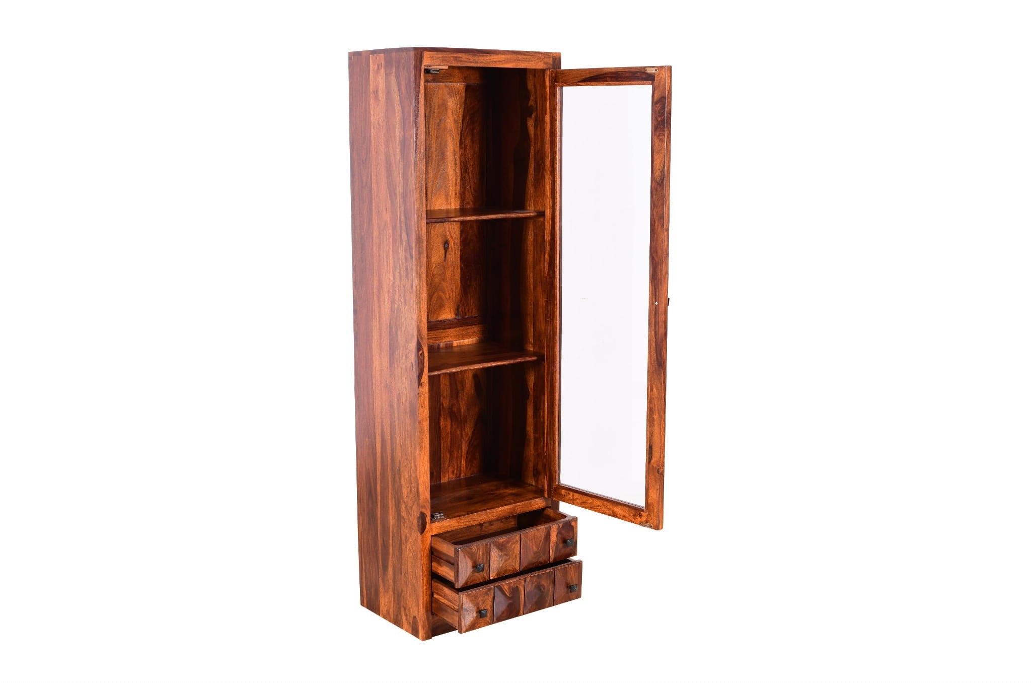 Premium Diamond Indian Sheesham Solid Wood Display Cabinet with Tempered Glass - 60x40x195cm - Elegant Storage for Living Room, Dining Room & Office Decor