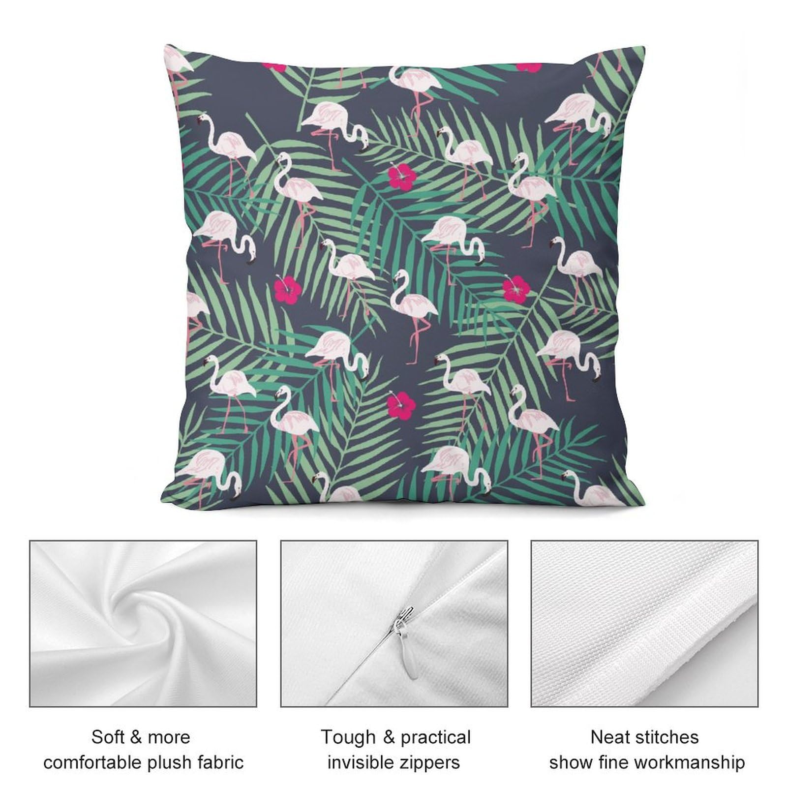 Tropical Flamingo & Leaf Plush Pillow Covers Set of 4 - 22x22 Inch Soft Cushion Cases for Sofa, Bed, Couch - Home Decor, Living Room Accessories, Tropical Themed Bedding