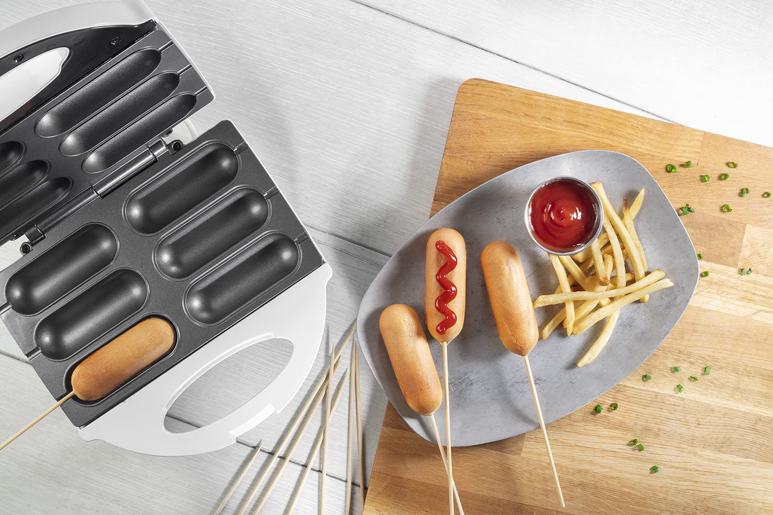 Electric Corn Dog Maker with Nonstick Coating - 6 Mini Hot Dogs on a Stick, Mozzarella Cheese Sticks & Cake Pops Maker - Includes 50 Skewers & Recipe Book - Perfect for Parties, Snacks & Family Fun - Great Gift for Kids & Food Lovers - Ideal for Game Nights, Birthday Celebrations & Holiday Gatherings