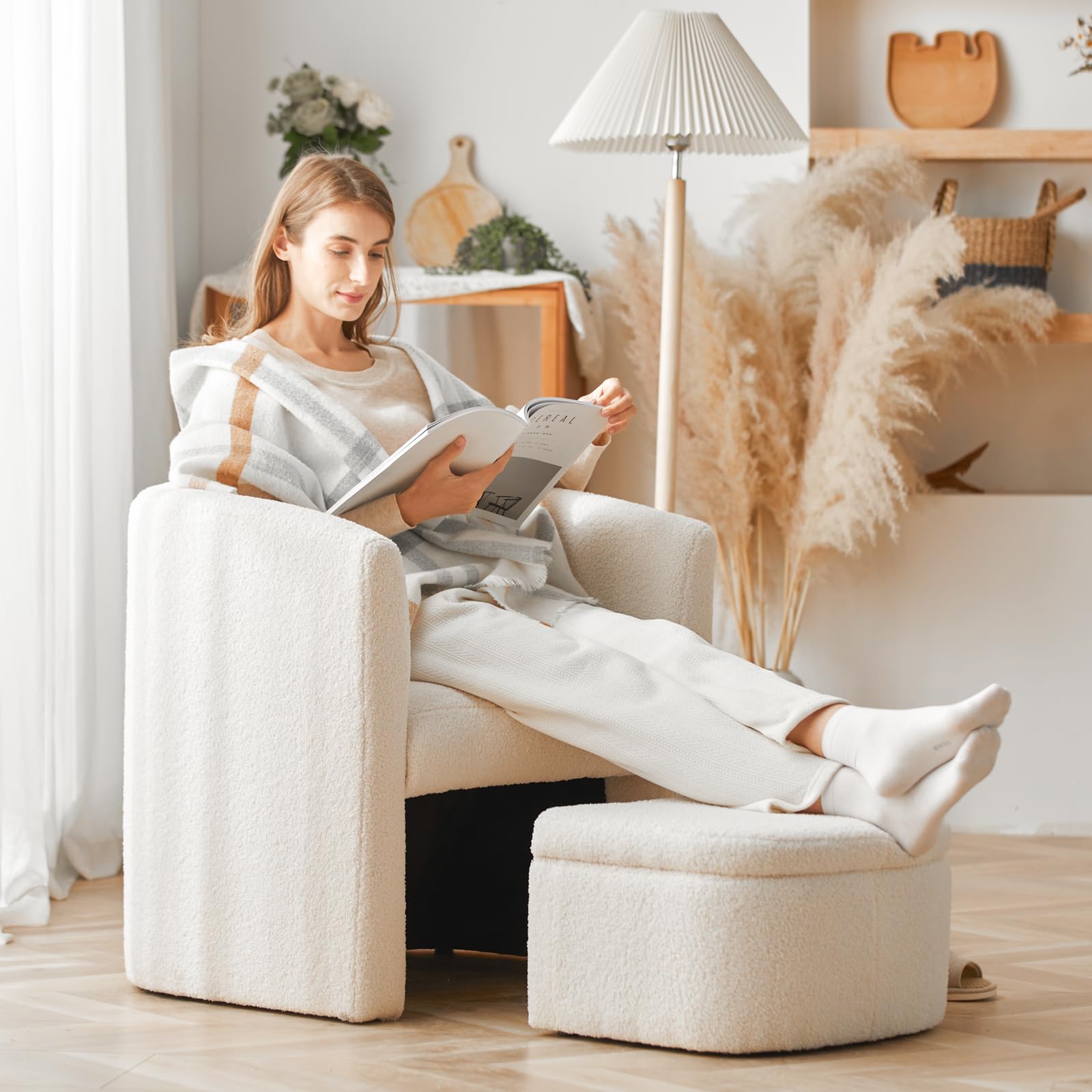COLAMY Sherpa Barrel Accent Chair with Storage Ottoman - Modern Living Room Armchair, Cozy Lounge Seat for Bedroom, Office & Reading Nook - Cream Upholstered Comfort Chair (Perfect for Small Spaces & Relaxation)