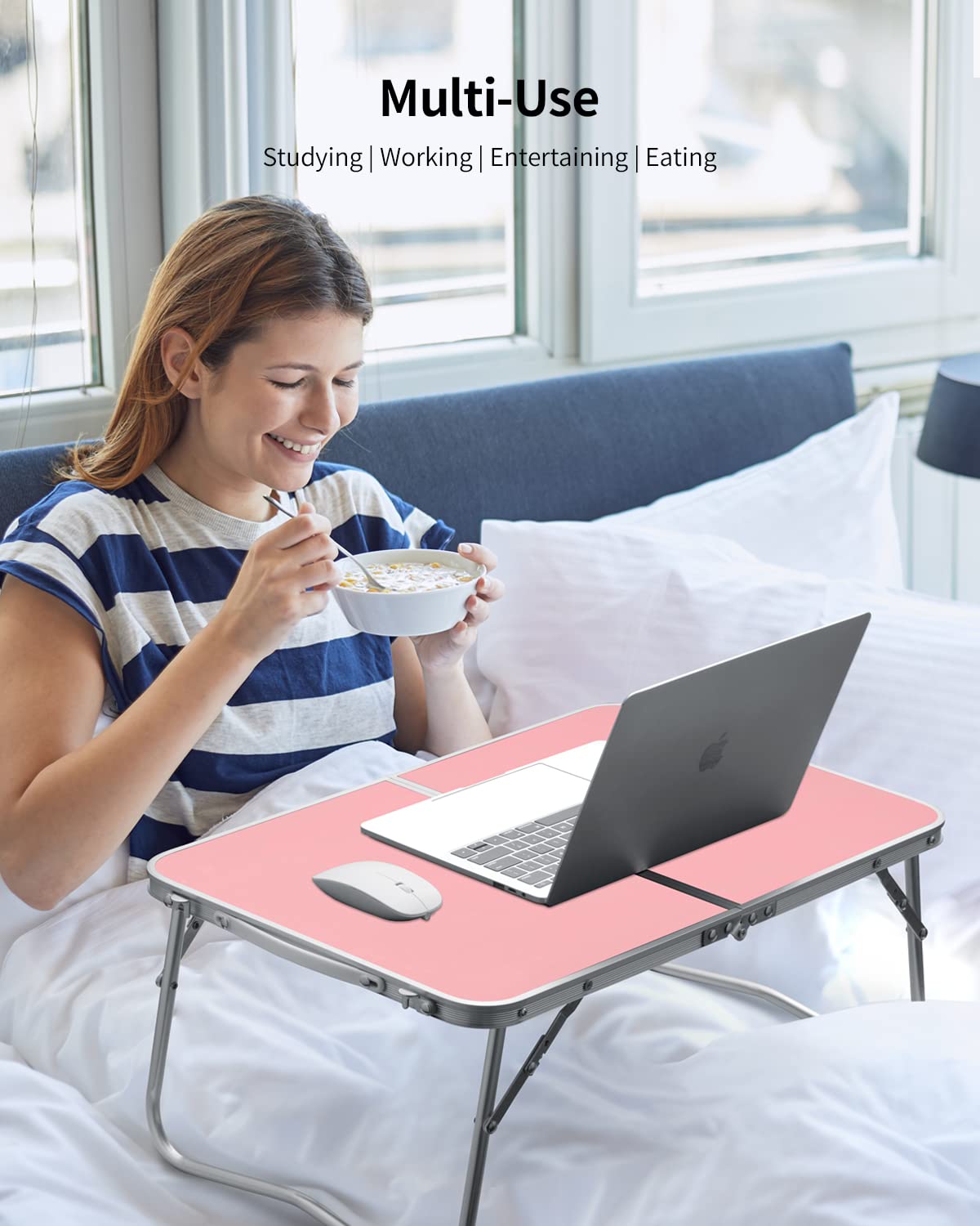 Foldable Laptop Desk with Storage - Portable Bed Tray Table for Breakfast, Study, Reading & Drawing - Compact Folding Design for Home, Office, Dorm & Outdoor Picnic Use (Pink)