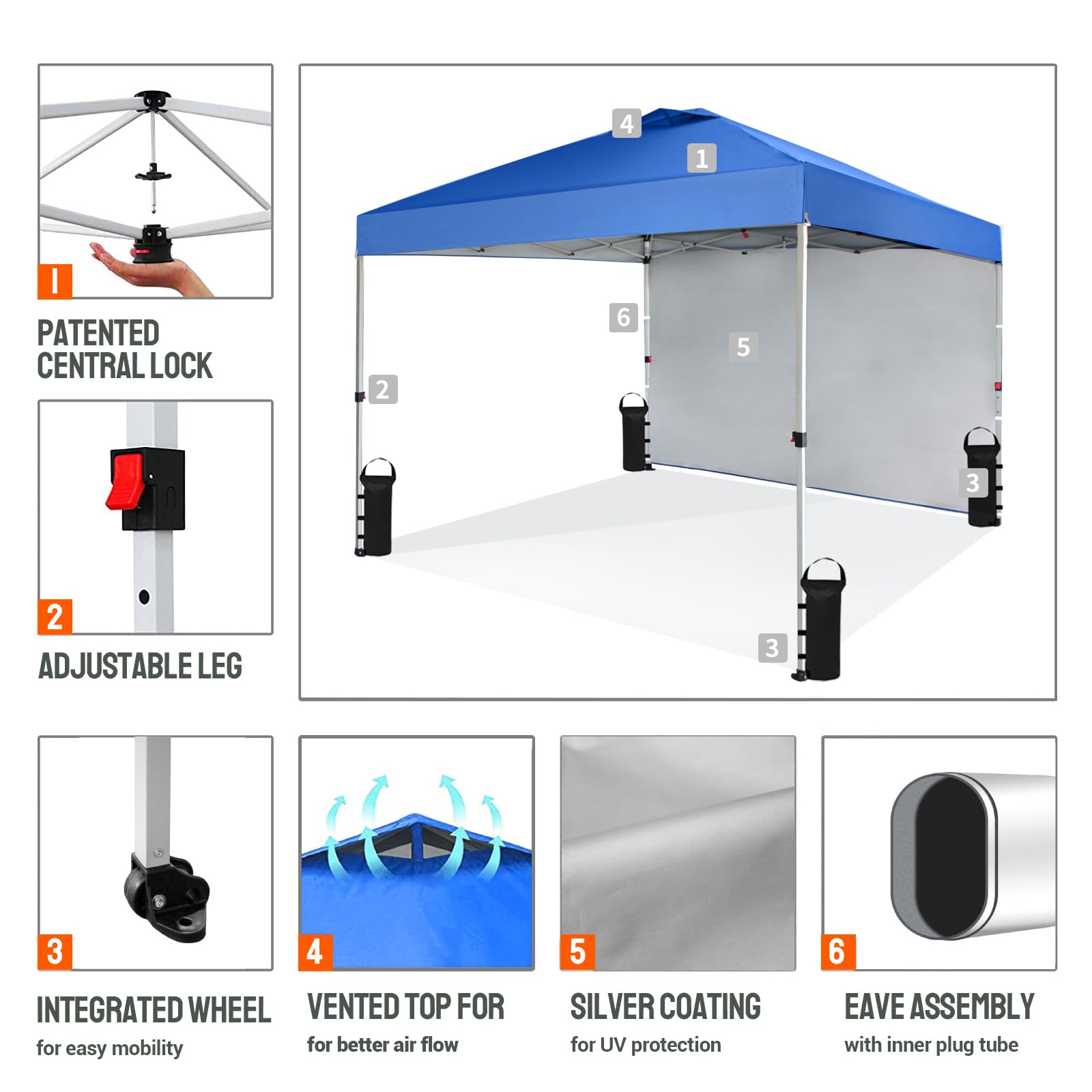 CROWN SHADES 10x10 Pop Up Canopy Tent with 1 Side Wall - Instant Setup Beach Sun Shelter for Outdoor Events, Parties, Camping - Portable Gazebo with STO-N-Go Carry Bag (Blue) | Perfect for Backyard BBQs, Picnics, Tailgating & Beach Days
