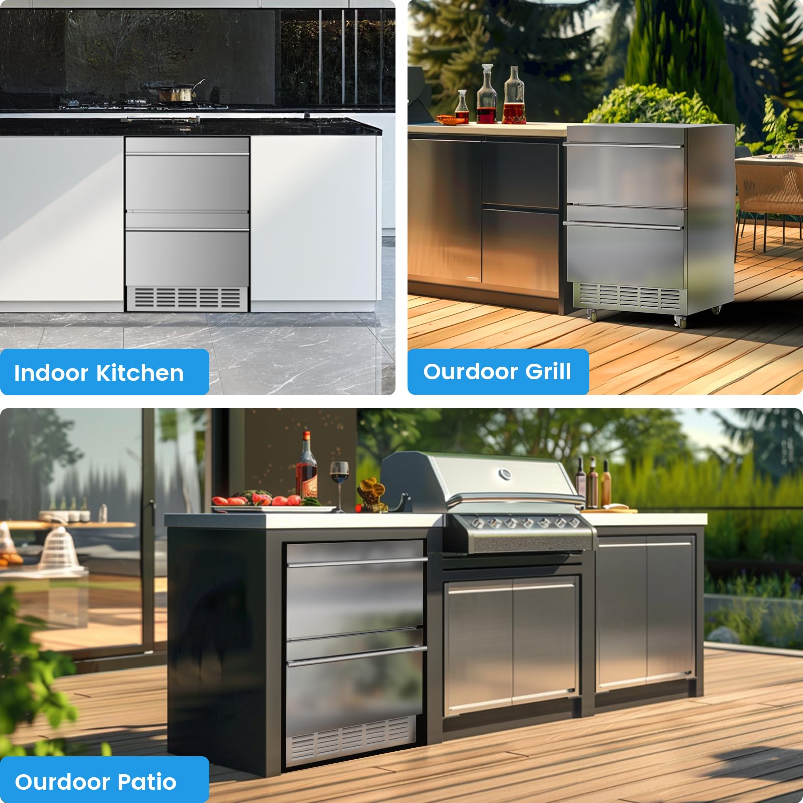 24 Inch Outdoor Beverage Refrigerator - 120 Can Capacity Undercounter Fridge for Patio, Backyard & Outdoor Kitchen | Freestanding/Built-In Double Drawer Design with Wheels | Perfect for BBQs, Pool Parties & Entertaining Guests