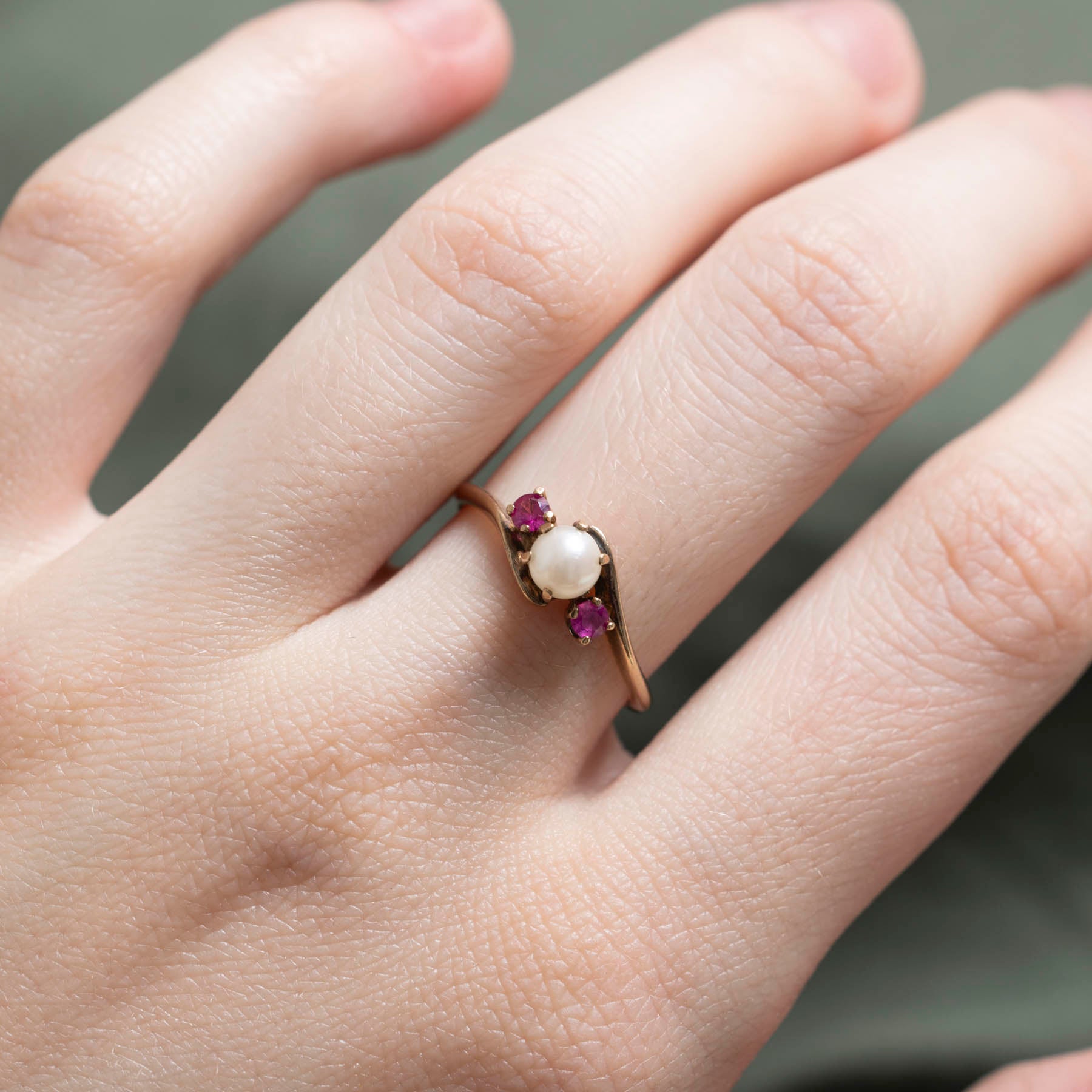 Pearl & Synthetic Ruby Bypass Ring - 0.10ctw Size 7 | Elegant Bridal Jewelry, Anniversary Gift for Her, Wedding Band, Valentine's Day Present
