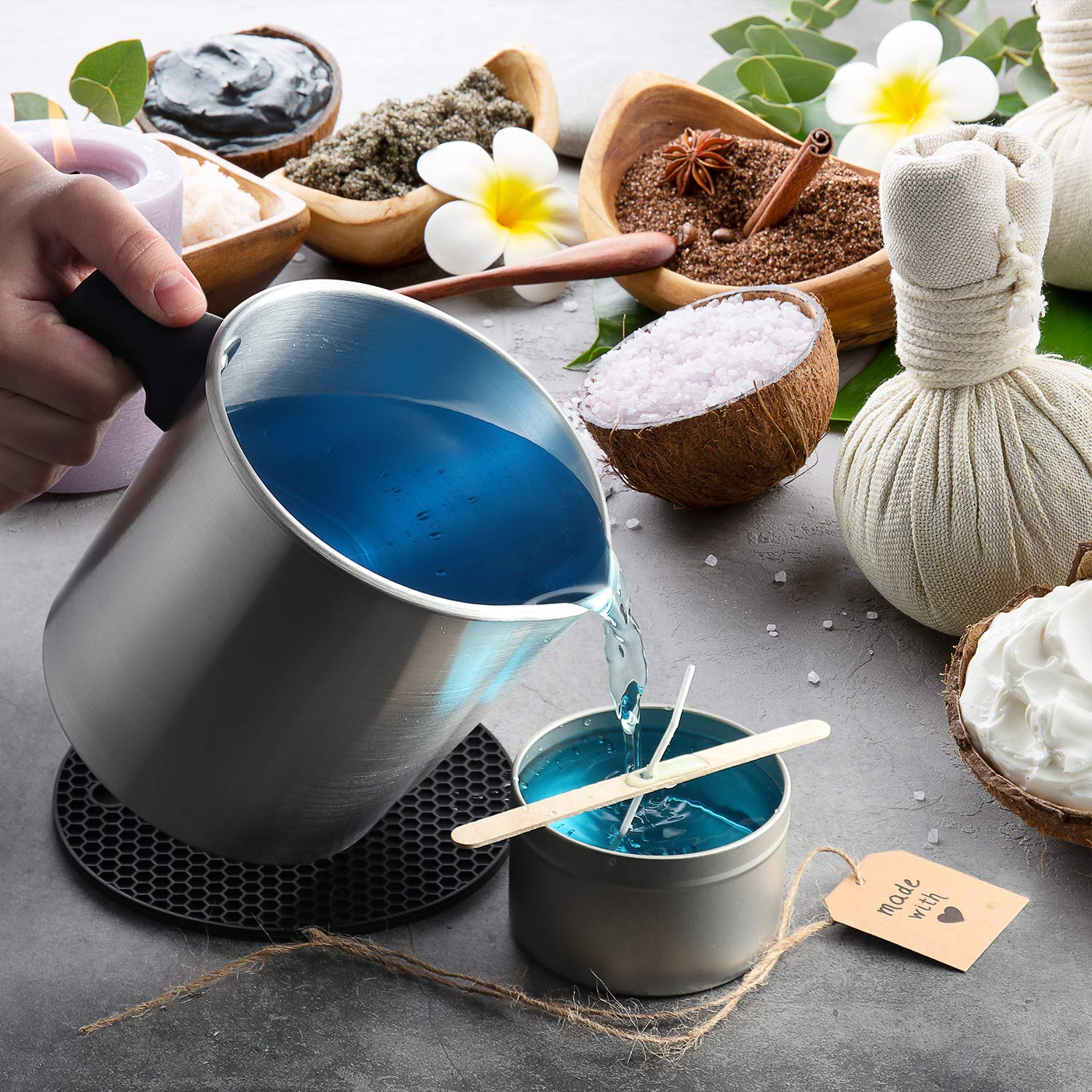 Hearth & Harbor 2 Lb Natural Soy Wax Candle Making Kit - Aluminum Melting Pot with Dripless Heat-Resistant Handle & Pouring Spout for DIY Candles, Wax Melting - Perfect for Home Crafting, Gifts & Aromatherapy