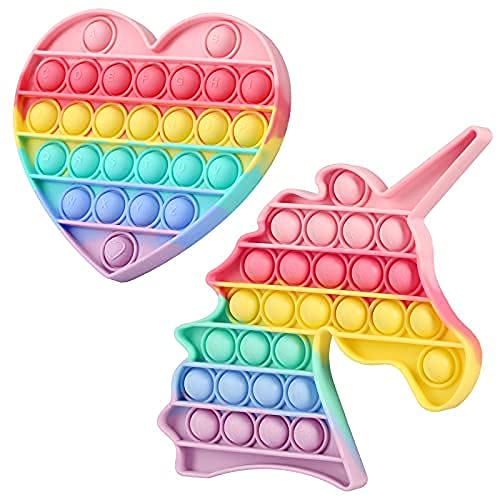HiUnicorn Pop Sound Unicorn Heart Fidget Toys - 2 Pack Push Bubble Poppers for Kids & Girls, Rainbow Alphabet Letters Sensory Toy for Stress Relief & Learning - Perfect for Easter Gifts, School Games & Anxiety Relief (Macalon)