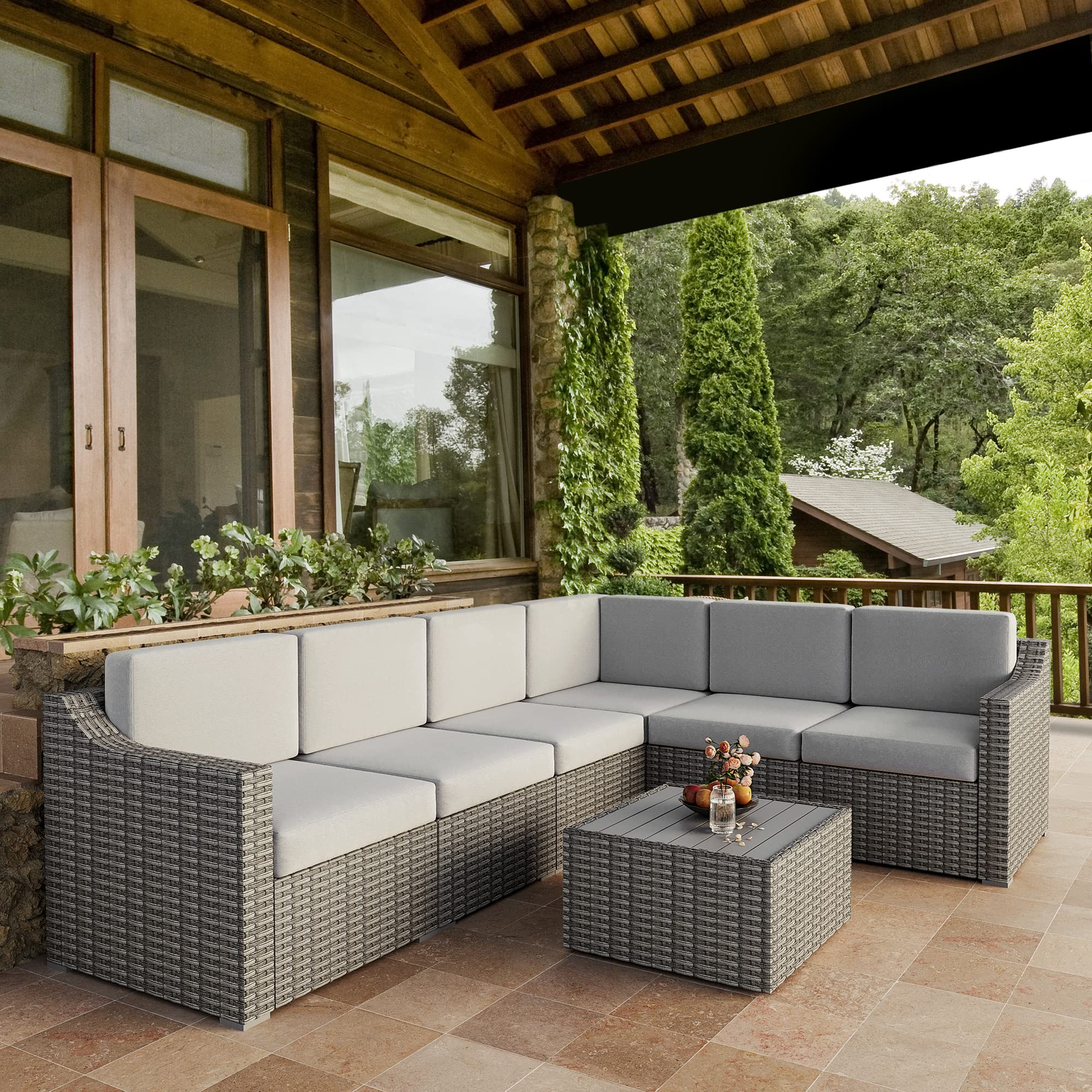 HAPPATIO 7-Piece Patio Conversation Set - All-Weather Rattan Wicker Outdoor Sectional Sofa with Multiple Combination Options (Gray/Beige) - Perfect for Backyard, Garden, Poolside, and Patio Relaxation