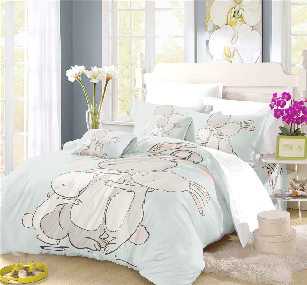 Cute Bunny Duvet Cover Set - Cartoon Animal Print Bedding for Twin/Full/Queen/King Size Beds - 3/4 Piece Set with Duvet Cover & Pillow Shams (Queen Size, 4PC) - Soft & Cozy Bedroom Decor for Kids Rooms, Guest Bedrooms & Dorm Rooms