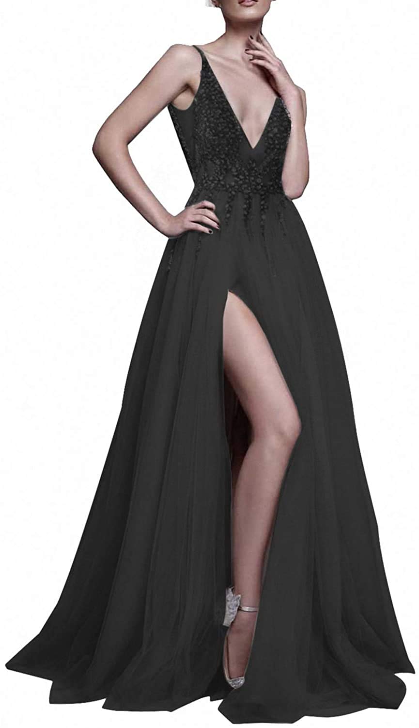 Elegant Women's V-Neck Sequin Beaded Tulle Evening Gown with High Slit - Perfect for Weddings, Prom & Formal Events | Long Bridal Party Dress for Special Occasions