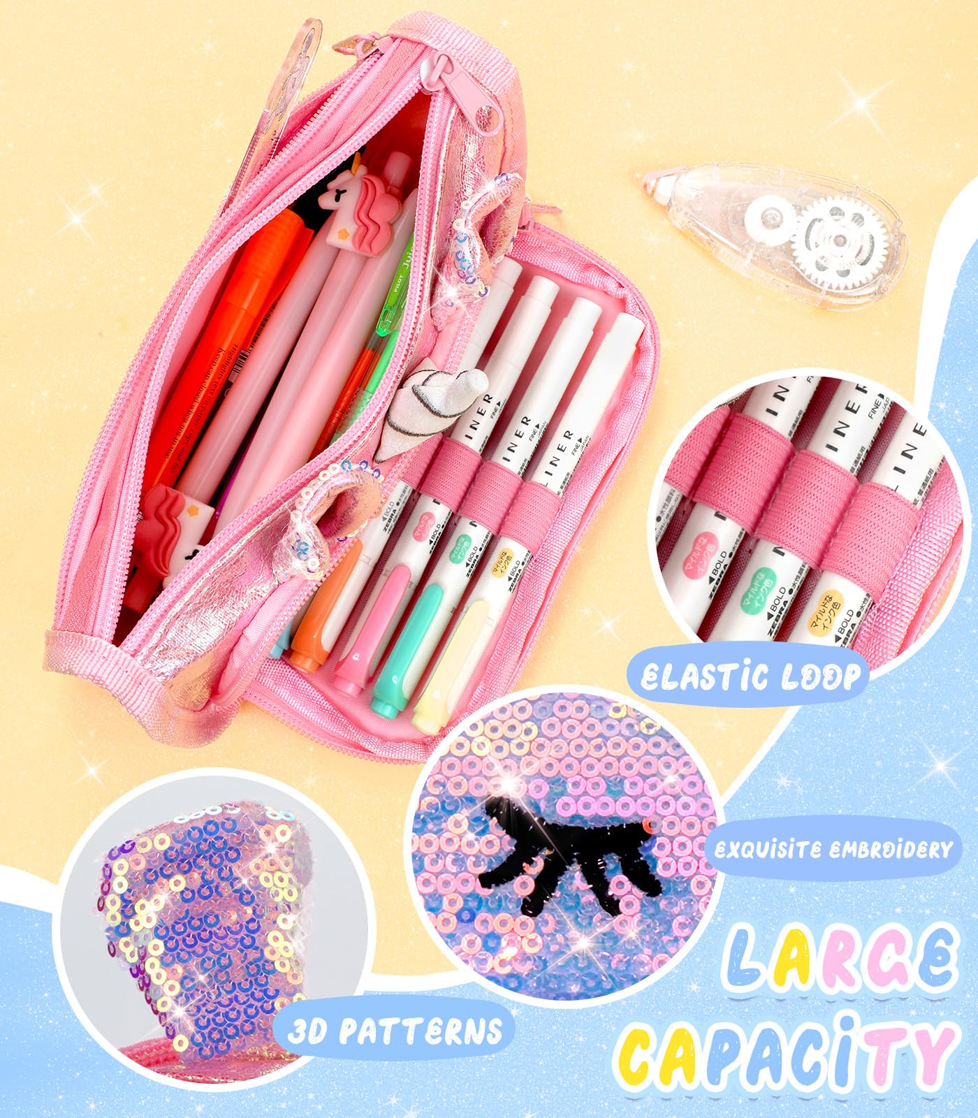 3D Sparkly Pencil Case for Girls - Glitter School Supplies for Students & Kids - Perfect for Back to School