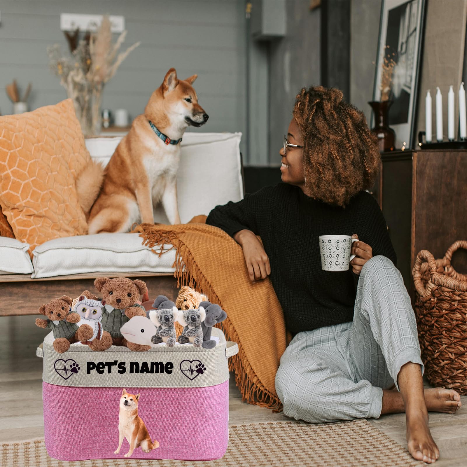 **Custom Personalized Dog Toy Basket with Pet's Picture & Name - Foldable Collapsible Pet Toy Storage Bin, Sturdy Dog Toy Organizer for Dog Clothes & Accessories (Pink) - Perfect for Home, Travel & Gifts**
