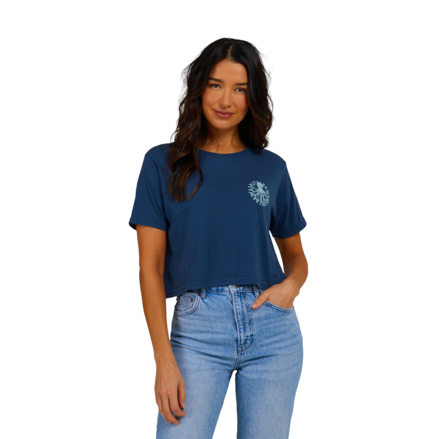 Salty Crew Women's My Friend Denim Crop Tee - Stylish Distressed Denim Short Sleeve Shirt for Casual Outfits & Beach Wear