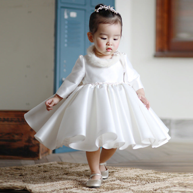 Elegant White Satin A-Line Flower Girl Dress with Long Sleeves & Ruffles - Perfect for Weddings, Pageants, and Special Occasions