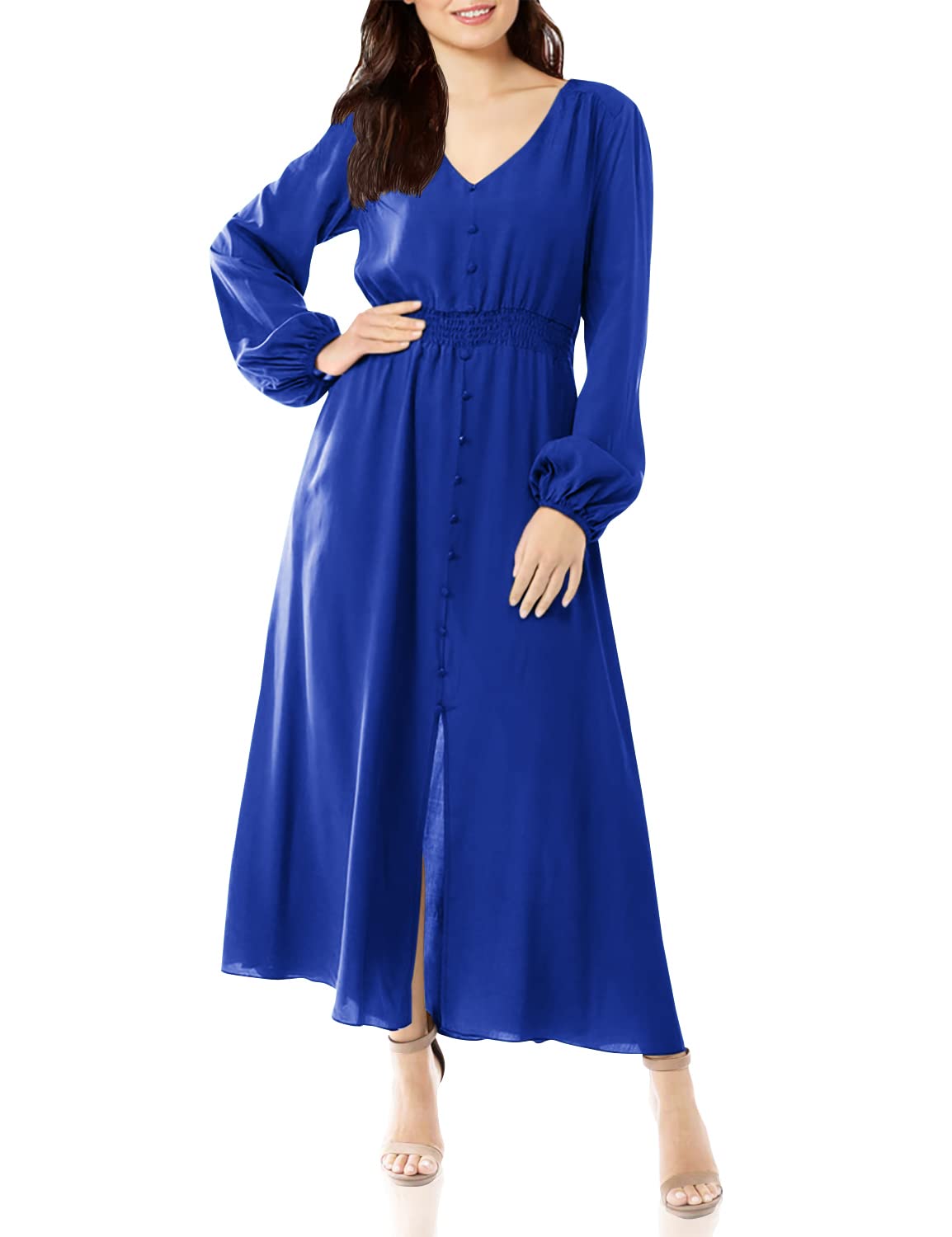 MIAMINE Women's Floral Print V-Neck Maxi Dress with Pockets & Side Slit - Casual Button Up Long Dress for Spring Fall Parties, Weddings, Beach Vacations & Date Nights