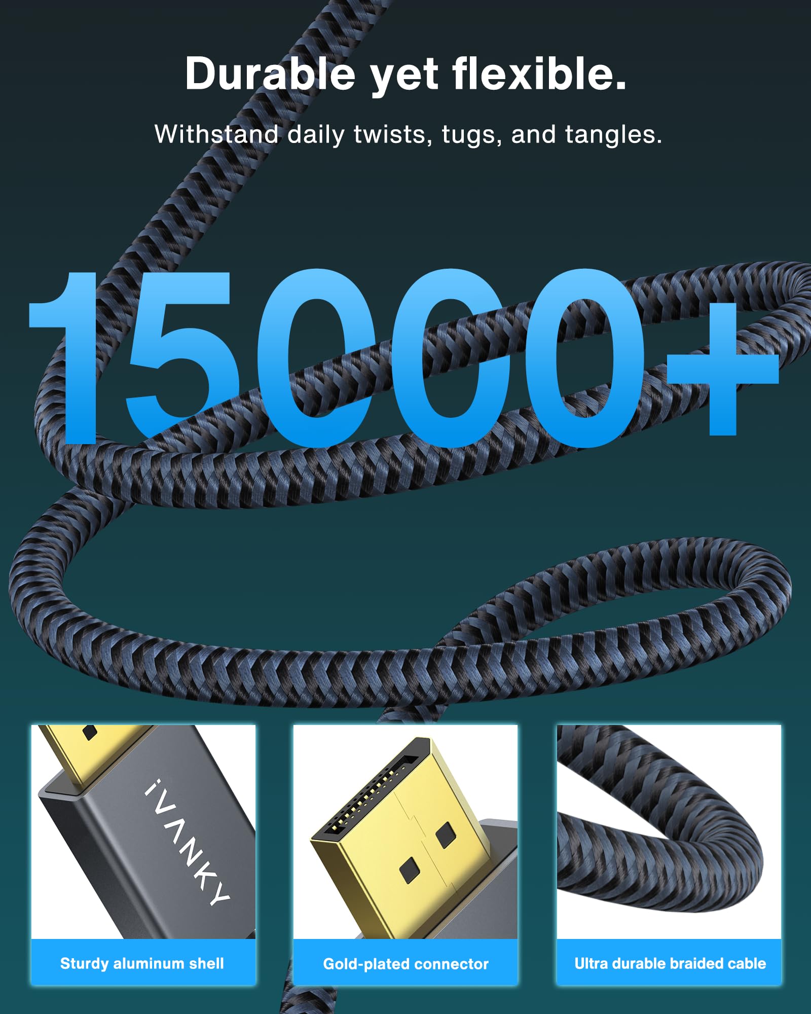 **IVANKY 10ft DisplayPort Cable 1.4 - 8K@60Hz, 4K@144Hz, 1080P@240Hz, HBR3, 32.4Gbps, HDCP 2.2, HDR - DP to DP Cable for Gaming Monitor, TV, PC, Laptop - Perfect for High-Resolution Gaming & Home Theater Setup**