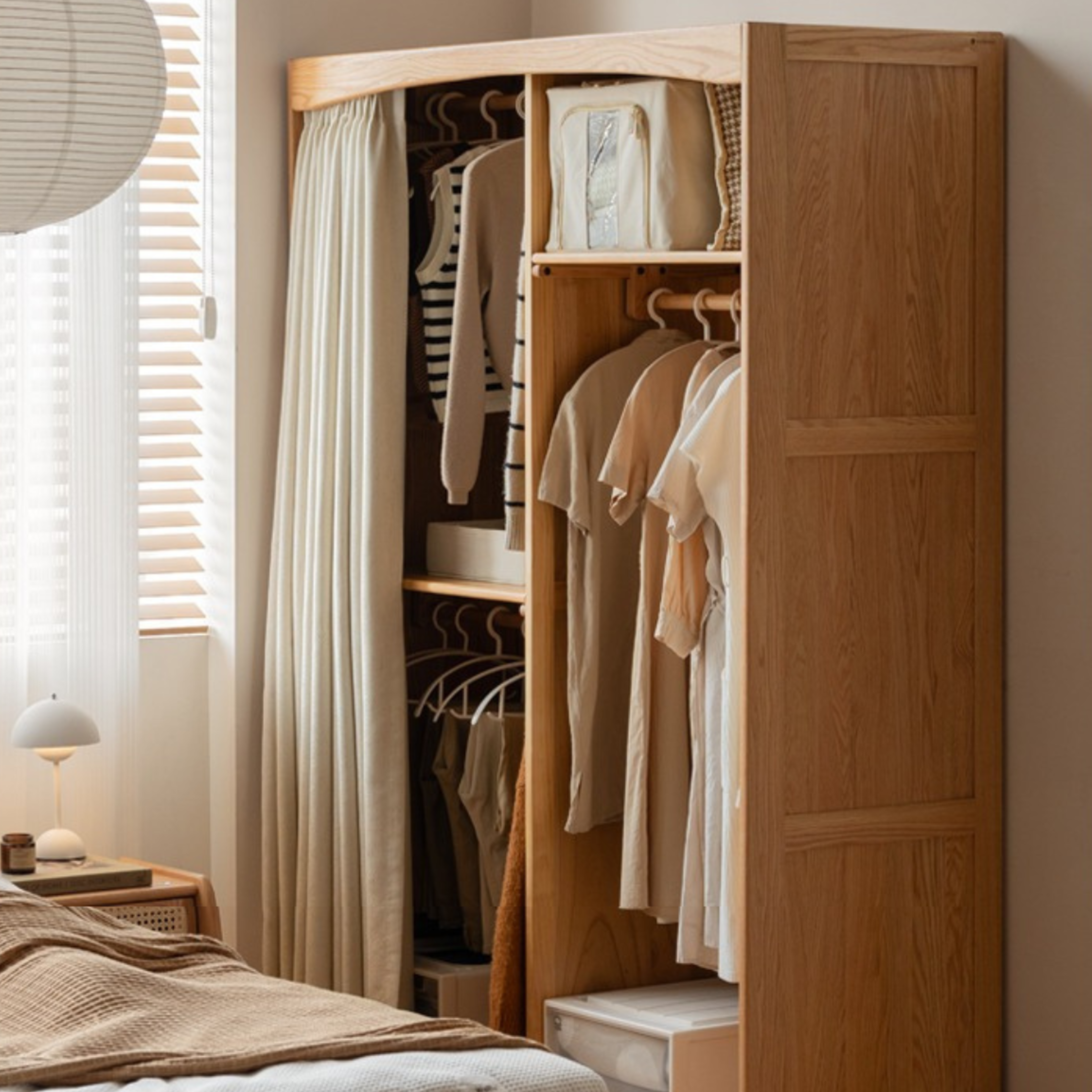 Oak Solid Wood Wardrobe with Curtain Design - Elegant Closet Storage for Bedroom, Living Room & Dorm Organization