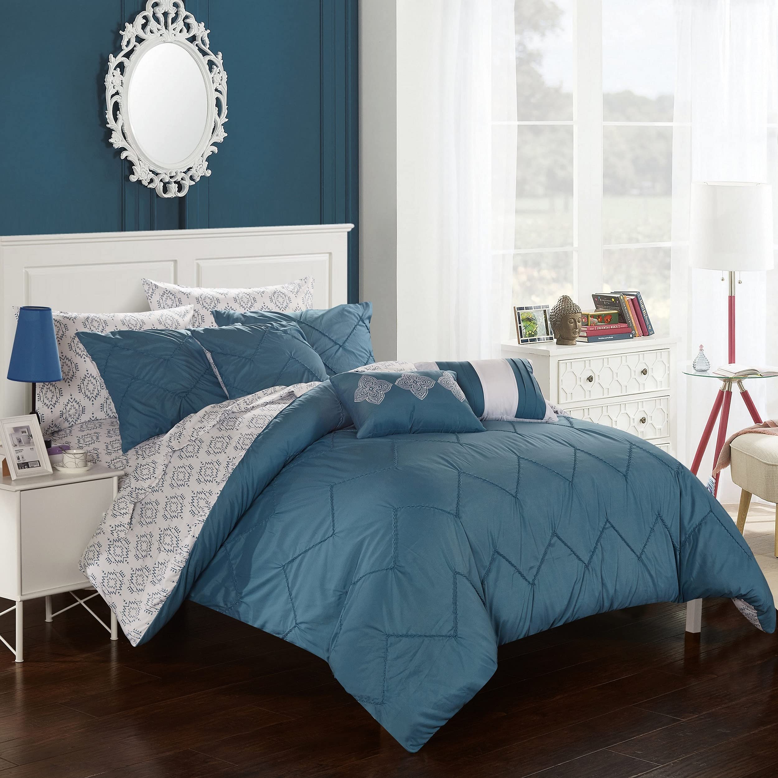 Chic Home Maddie Queen Size Bedding Set - Soft Blue Luxury Bed Sheets & Comforter for Cozy Bedroom Decor | Perfect for Master Bedroom, Guest Room & Dorm