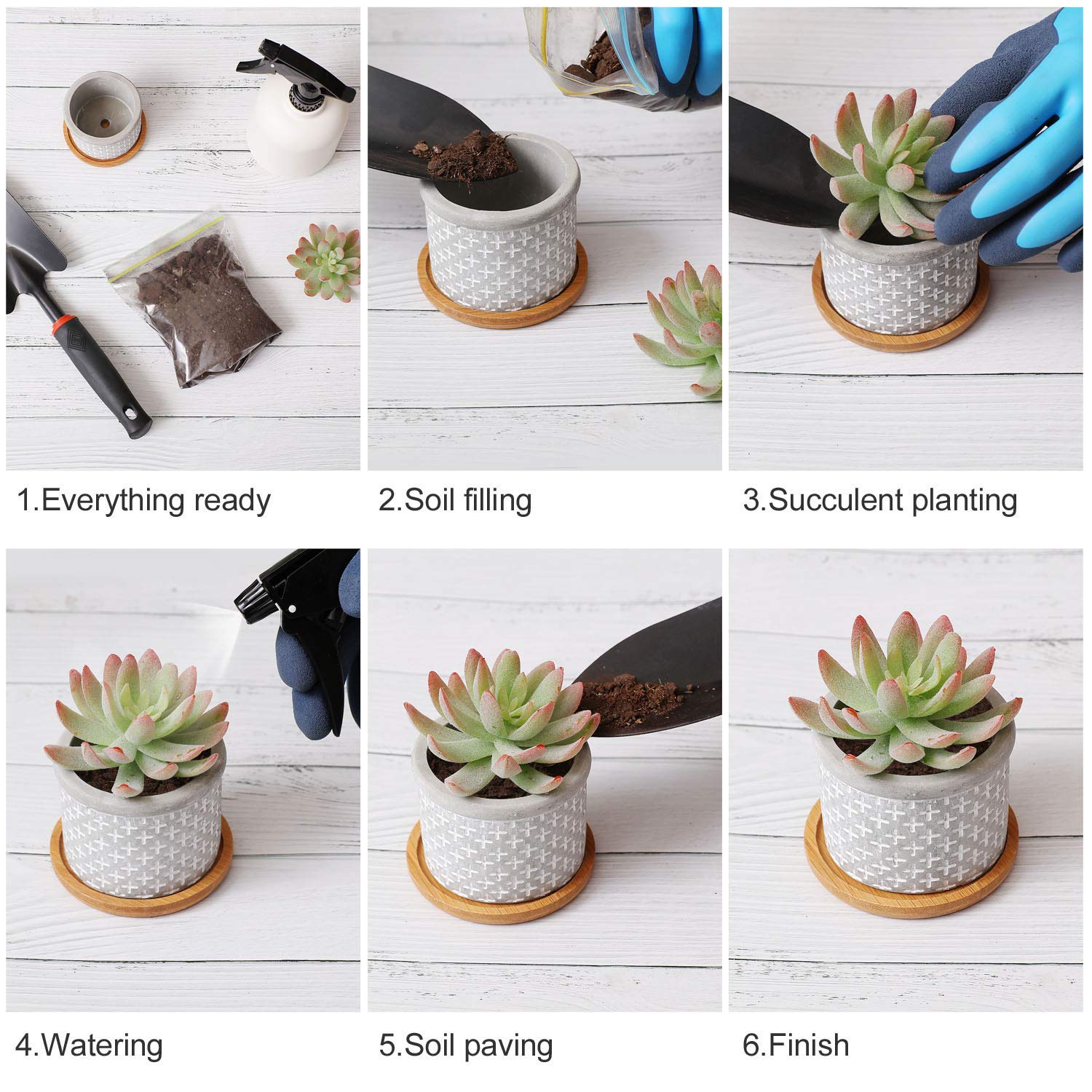 T4U 2.5 Inch Grey Cement Succulent Planter Pots with Bamboo Tray - Set of 3 Small Concrete Cactus & Herb Planters for Home, Office, Window Decor - Perfect for Gardening Gifts, Birthday Presents & Indoor Plant Displays