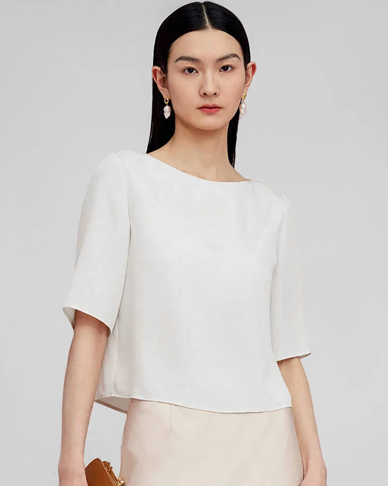 Half Sleeve Basic Silk Blouse for Women - Elegant Casual & Office Wear - Soft Breathable Silk Top for Summer & Spring
