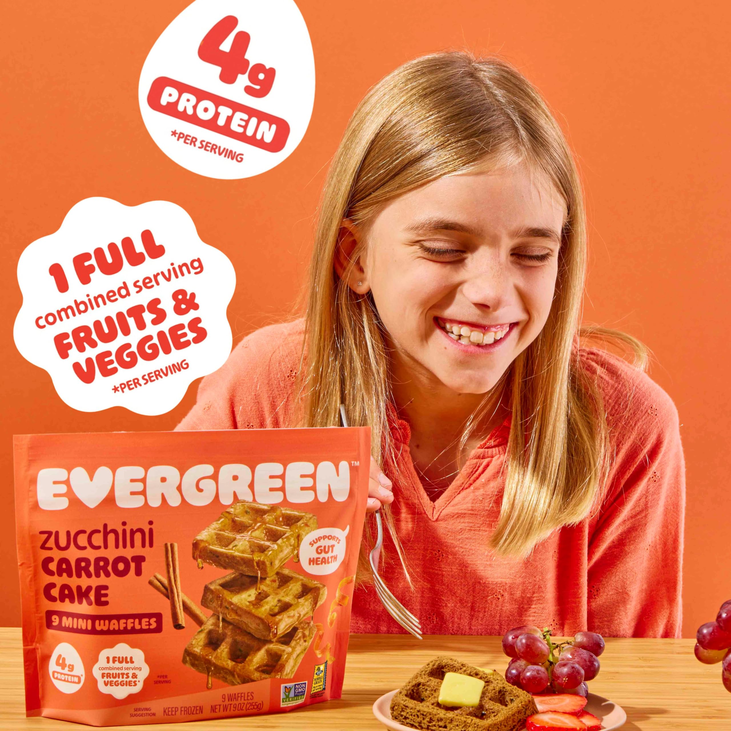 Evergreen Zucchini Carrot Cake Waffles - 100% Whole Grain, Dairy-Free, No Preservatives | 9 Frozen Waffles per Bag with 1 Full Serving of Fruits & Vegetables | Supports Gut Health | Perfect for Breakfast, Kids' Snacks & Healthy Eating