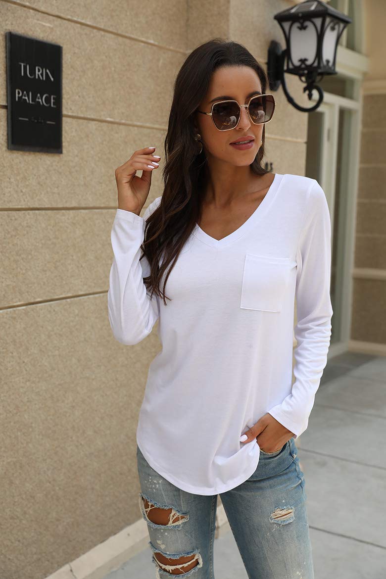 Tobrief Women's Long Sleeve V-Neck T-Shirt with Pocket - Loose Fit Casual Top for Everyday Wear | Perfect for Work, Weekend & Layering