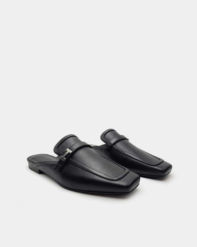 Black Leather Flat Loafer Mules for Women - Comfortable Slip-On Shoes for Casual Wear, Office & Travel - Non-Slip Sole & Cushioned Insole