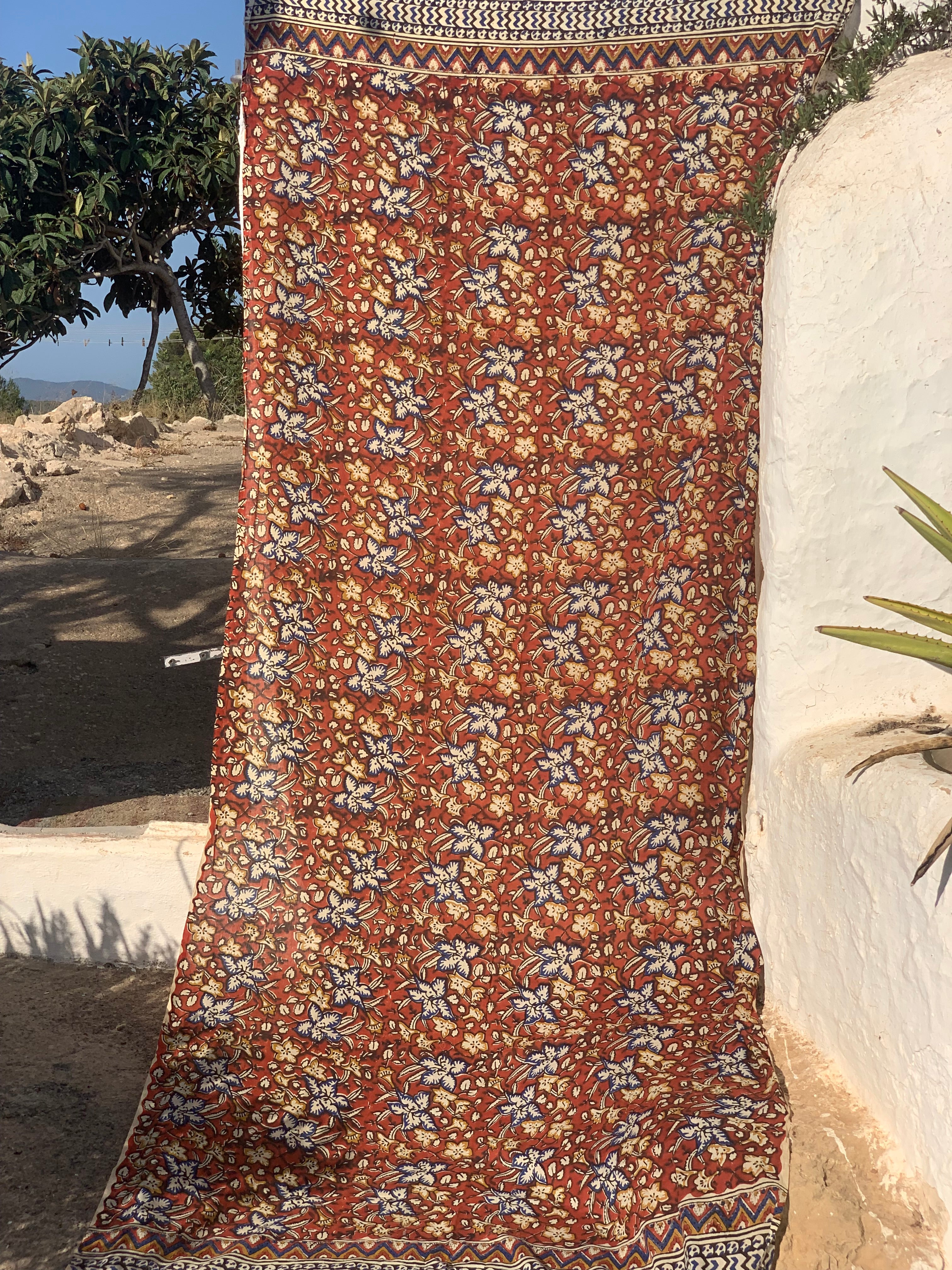 Big Size Bagru Sarong Dupatta Pareo - Yellow & Red Flower Block Print Cotton Shawl for Beach, Summer & Boho Fashion | New Collection