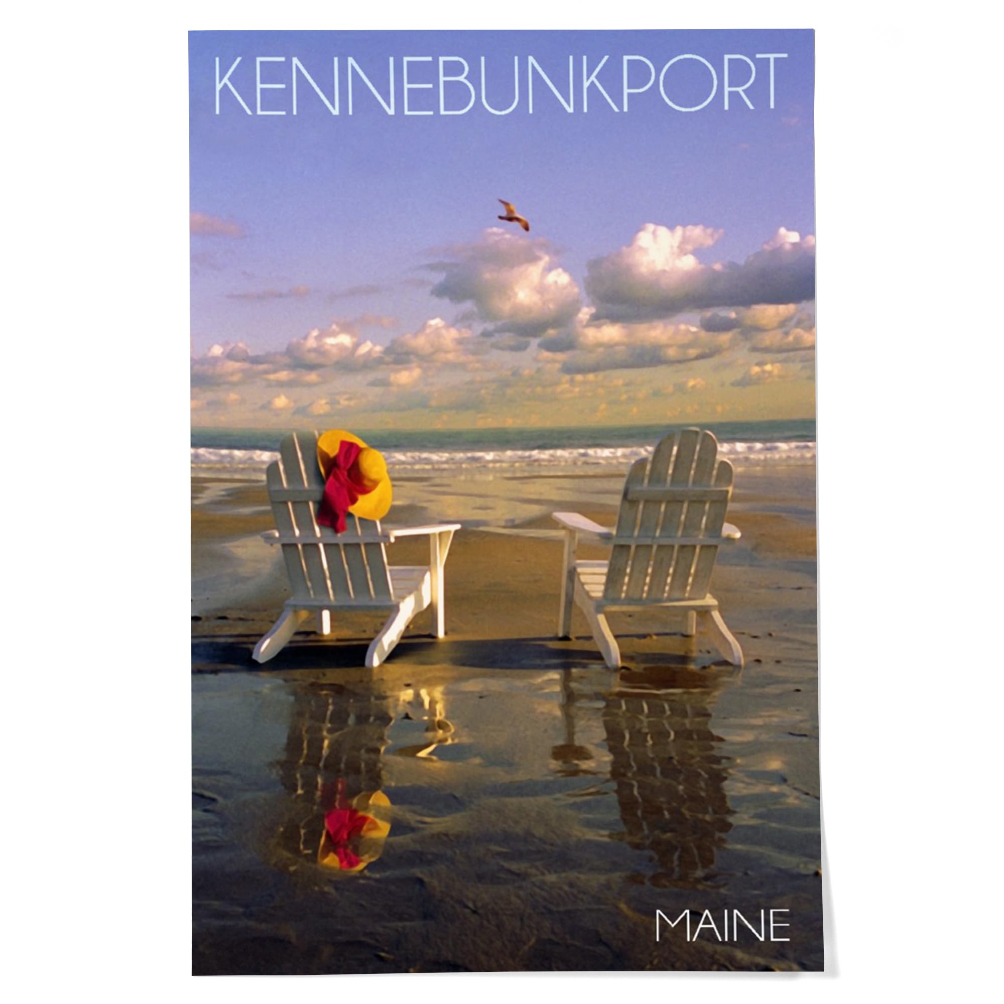 Lantern Press 24x36 Inch Giclee Art Print - Kennebunkport Maine Coastal Wall Decor with Adirondack Chairs & Beach Scene | Perfect for Living Room, Bedroom or Office Wall Art