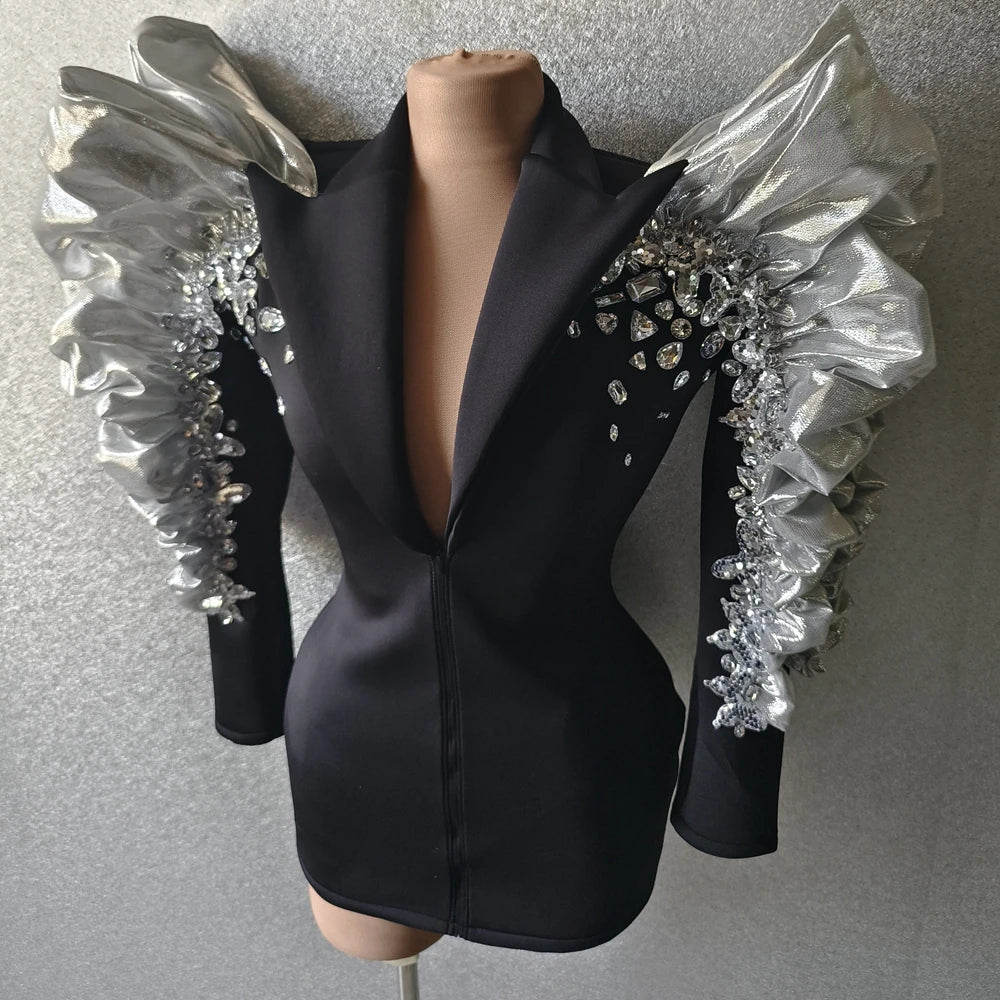 Sparkly Rhinestone Long Blazer Black Dress for Women - Elegant Party Gown, Stage Performance Outfit, Prom Night & Evening Wear