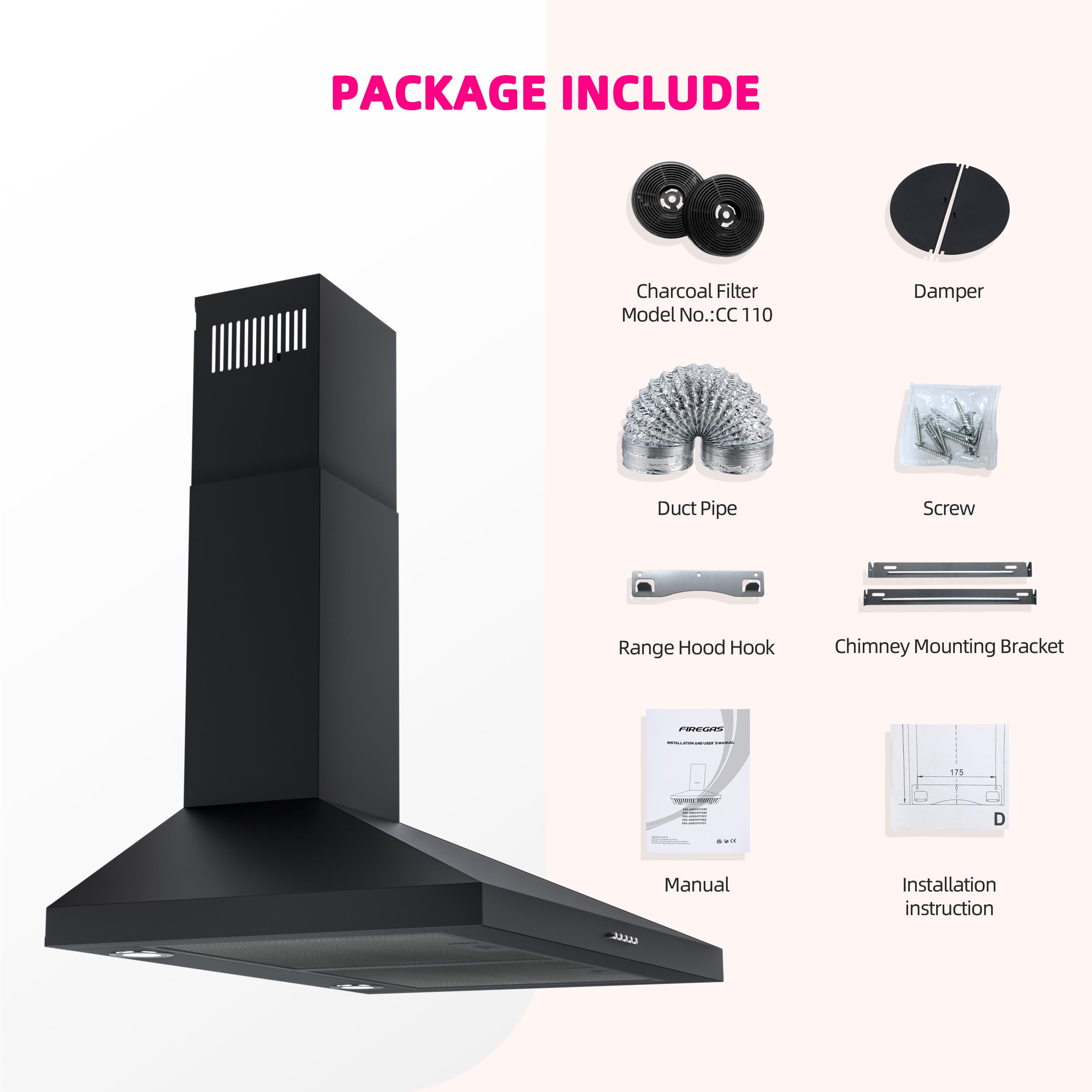 FIREGAS 30 Inch Black Stainless Steel Range Hood - 450 CFM Wall Mount Kitchen Vent with 3-Speed Exhaust Fan & LED Lights | Ducted/Ductless Convertible Design | Includes Charcoal Filters | Perfect for Modern Kitchens, Restaurants & Open-Concept Homes