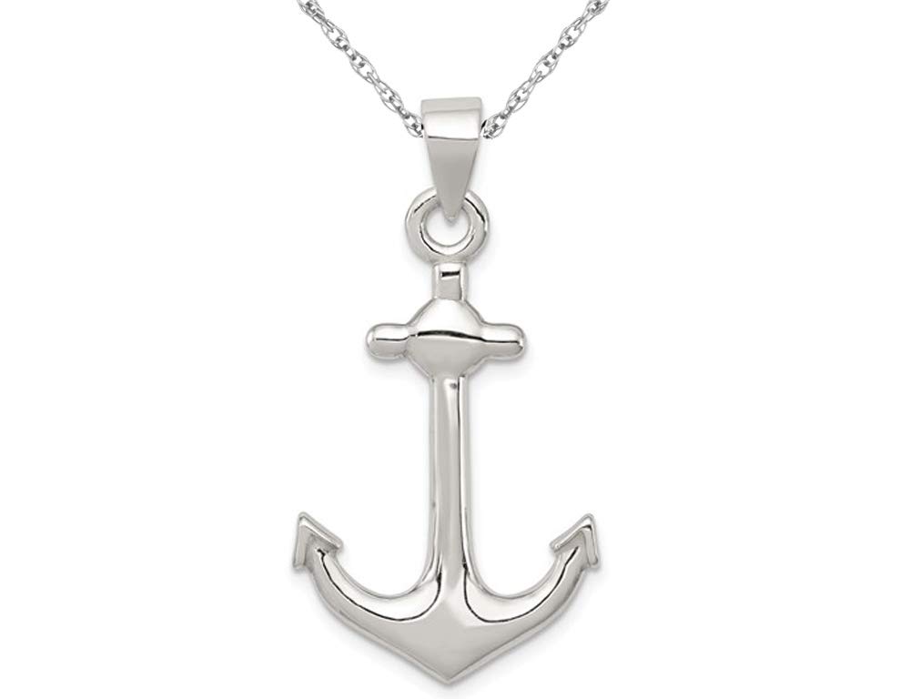 Gem and Harmony Sterling Silver Anchor Charm Pendant Necklace with 18