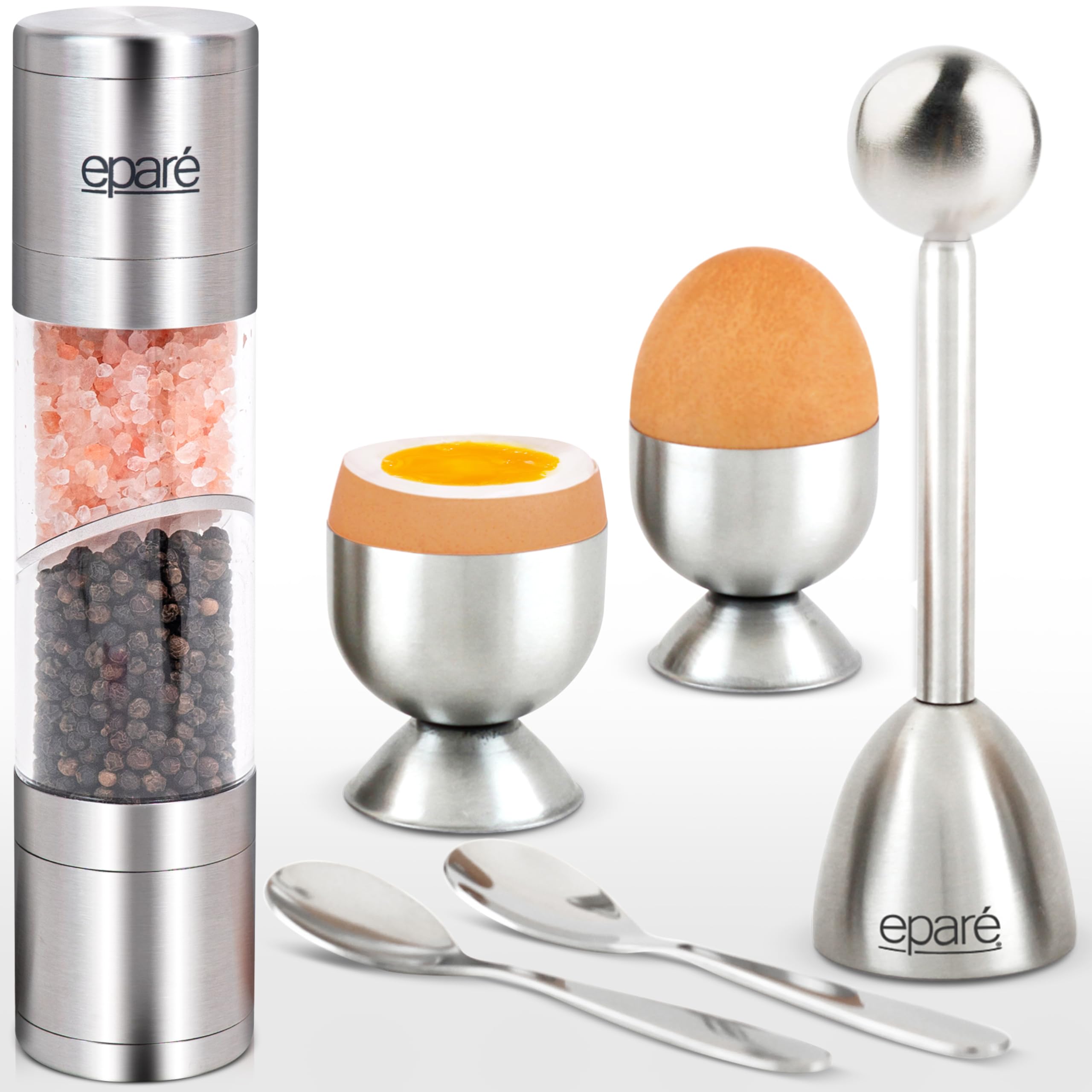 Epare Premium Stainless Steel Egg Cracker Topper Set & Dual Salt and Pepper Grinder Combo - Complete Soft Boiled Egg Tools & Manual Mill Grinders for Kitchen, Camping, and Restaurant Use